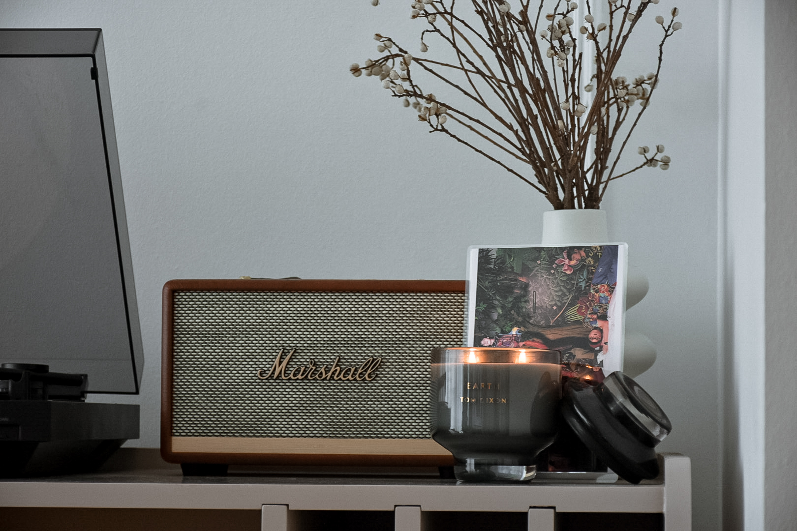 A Tour of My Living Room: Where Comfort Meets Style - Marshall vintage amplifier, candles, vintage photograph, black camera