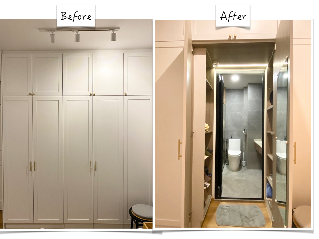 Minimalistic bedroom with a hidden closet and bathroom - White cabinetry, open wardrobe, minimalist design, modern bathroom