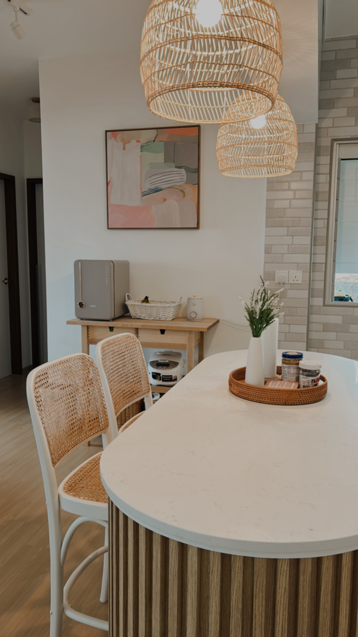 Our bright and airy kitchen ❤️ - modern kitchen, contemporary design, minimalist decor, woven chairs, round island, white