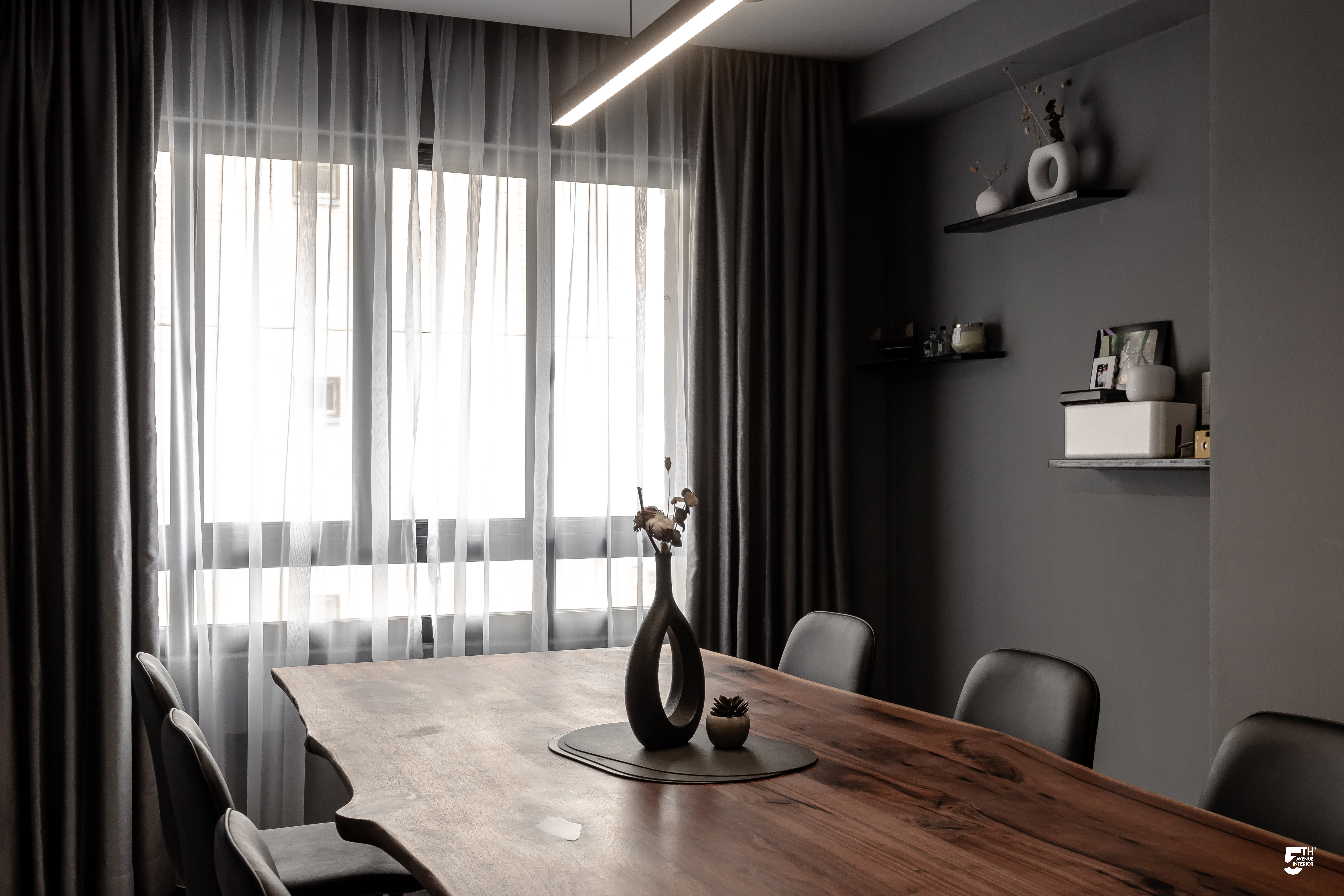 Dining in seventhfloorflat - Modern dining room, minimalist design, large wooden table, elegant chairs, sheer curtains