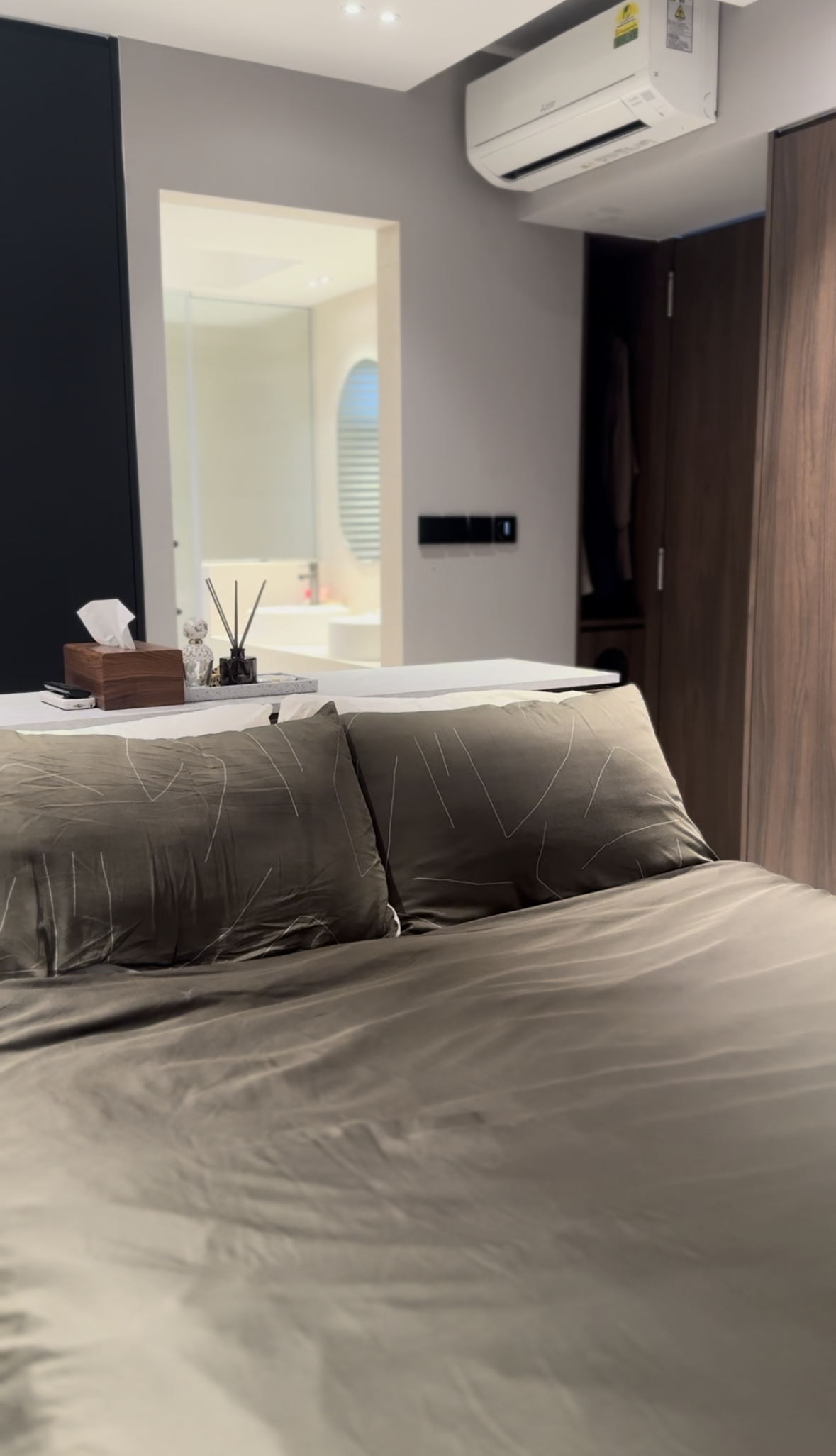 where the mind & body recharges 😌 - Modern bedroom interior, minimalist design, sleek furniture, large bed with brown
