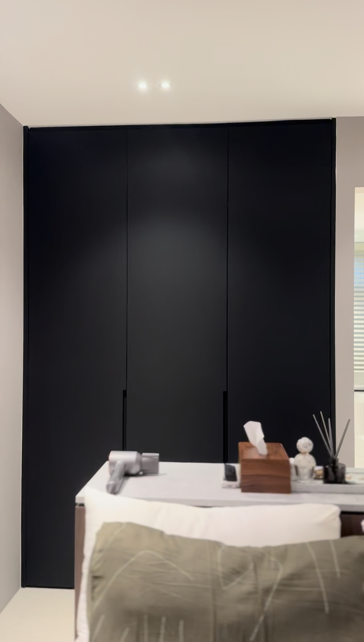 where the mind & body recharges 😌 - Dark, sleek, modern, minimalist, black wardrobe, contemporary design, sophisticated