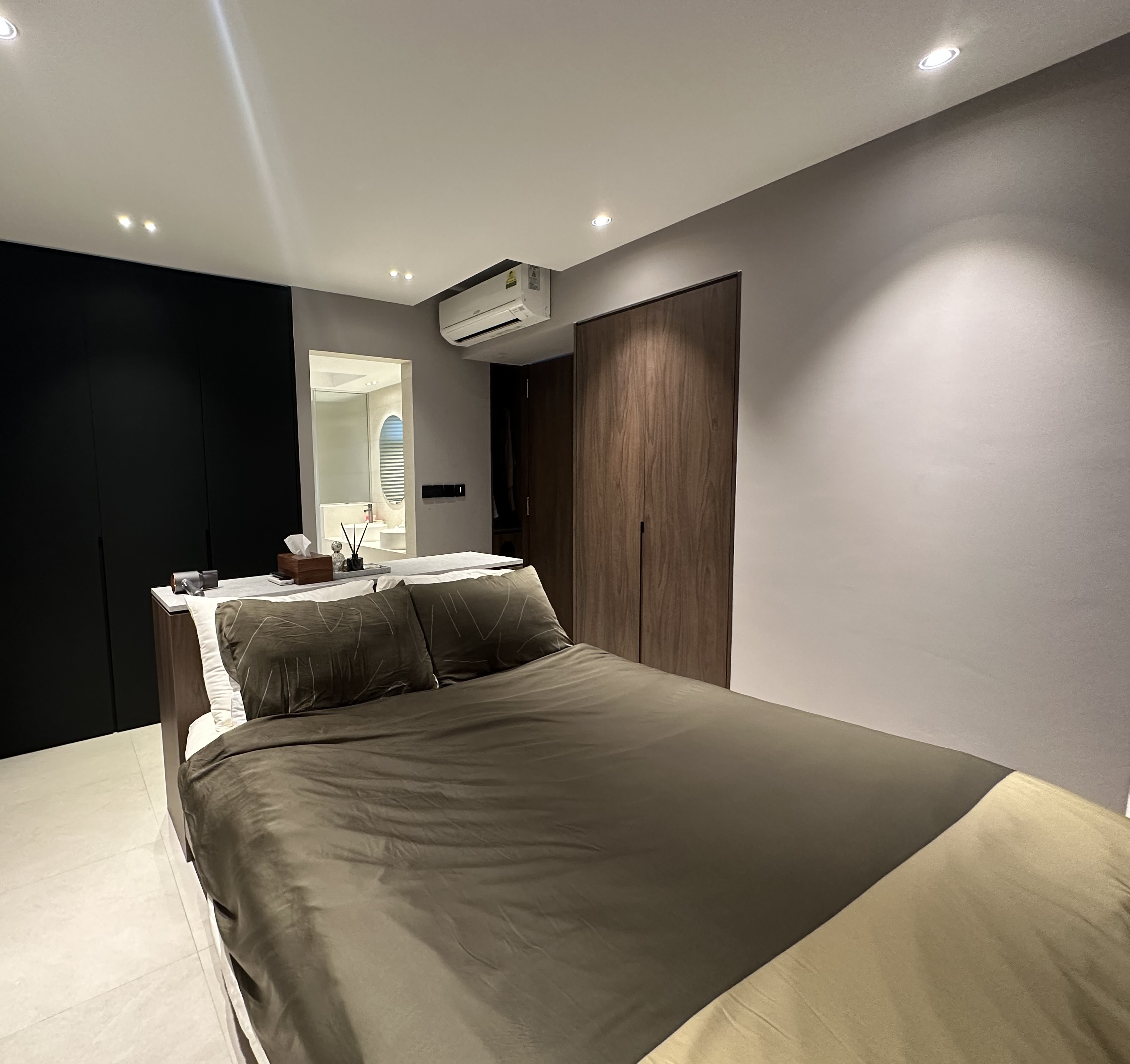 where the mind & body recharges 😌 - Modern bedroom with sleek design, minimalist decor, neutral color palette, large bed