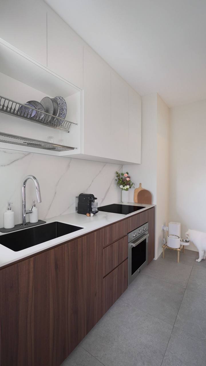 A Homely & Inviting Kitchen  - modern kitchen, minimalist design, white cabinets, marble backsplash, stainless steel sink