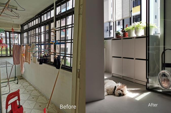 Balcony Garden With Doggy Door & Shoe Storage - Large windows, hanging clothes, drying rack, indoor plants, tiled floor, red