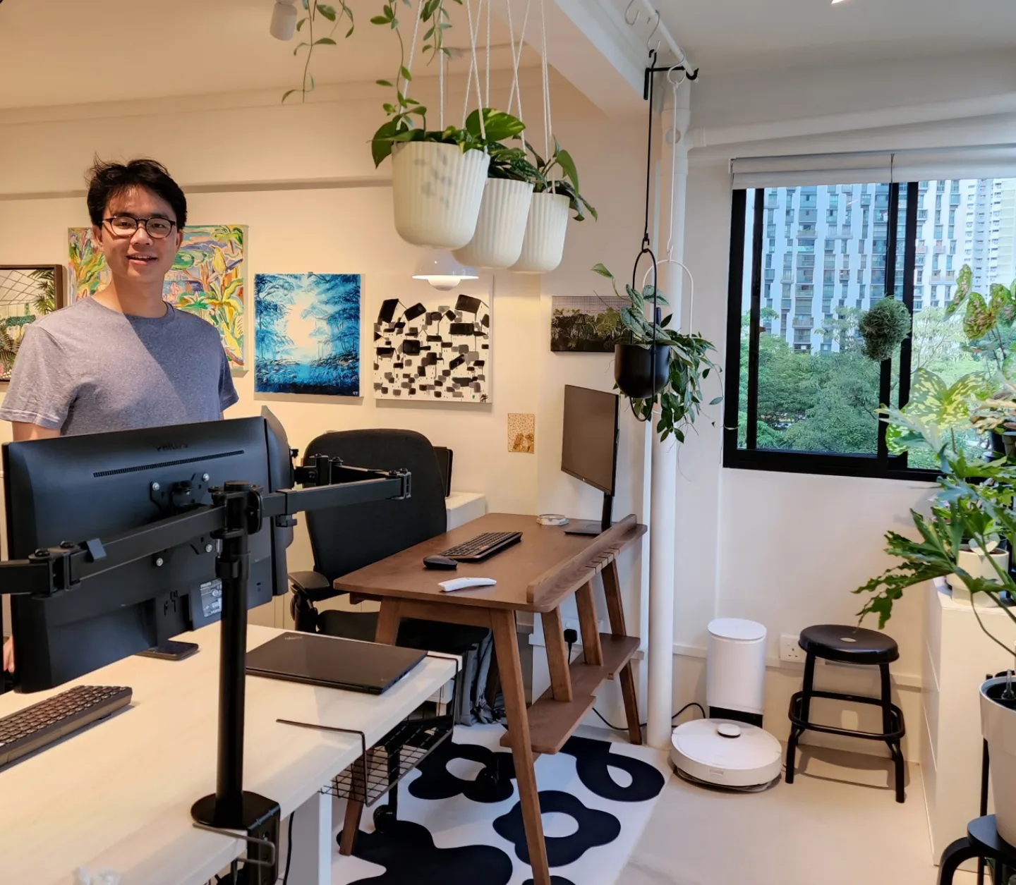 Balcony Garden With Doggy Door & Shoe Storage - Modern workspace, indoor plant decor, cozy office, hanging planters