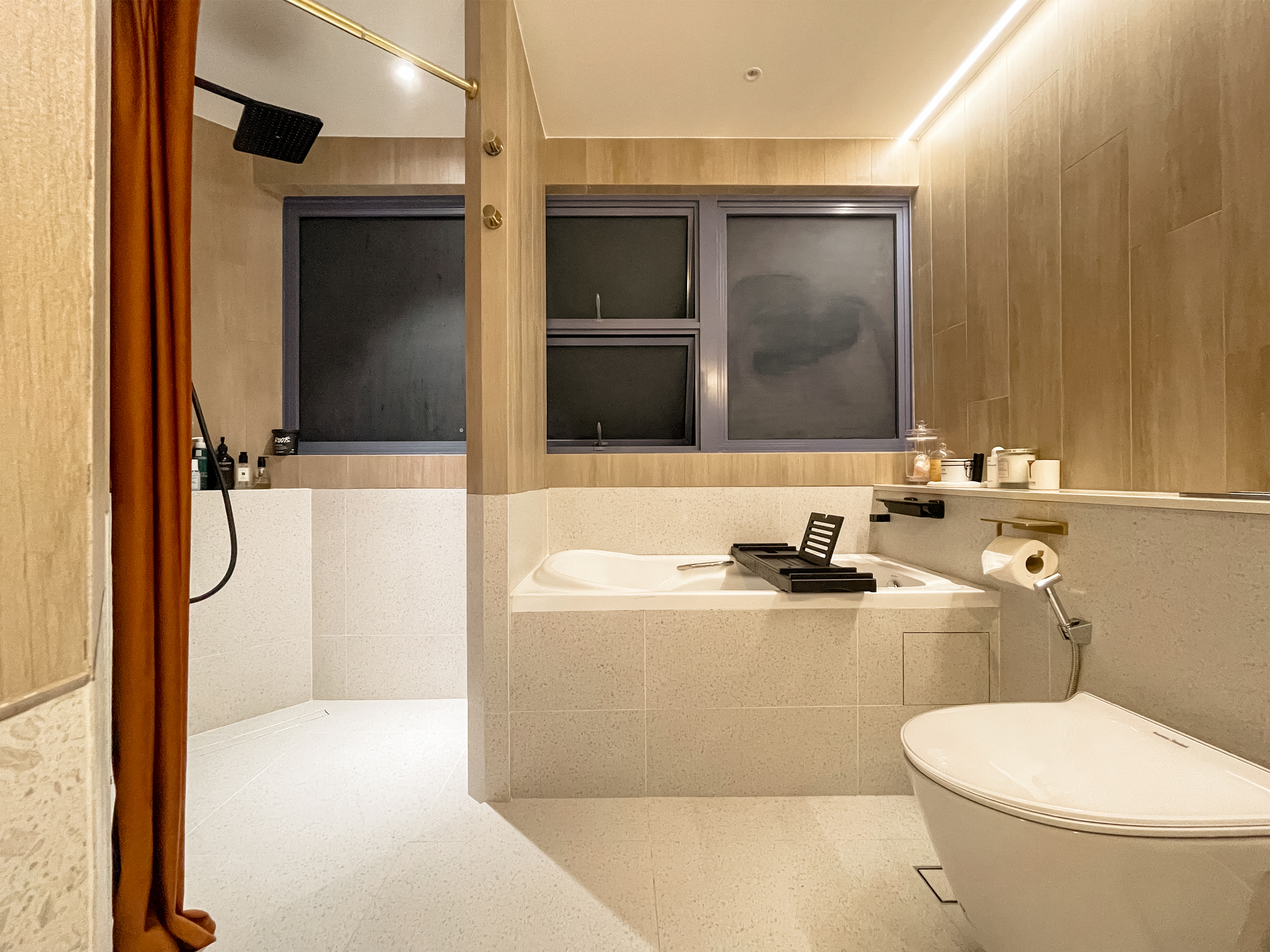 Bathroom Bliss: the Perfect Relaxation Space - Modern bathroom with beige tiles, sleek fixtures, and minimalist design. Large