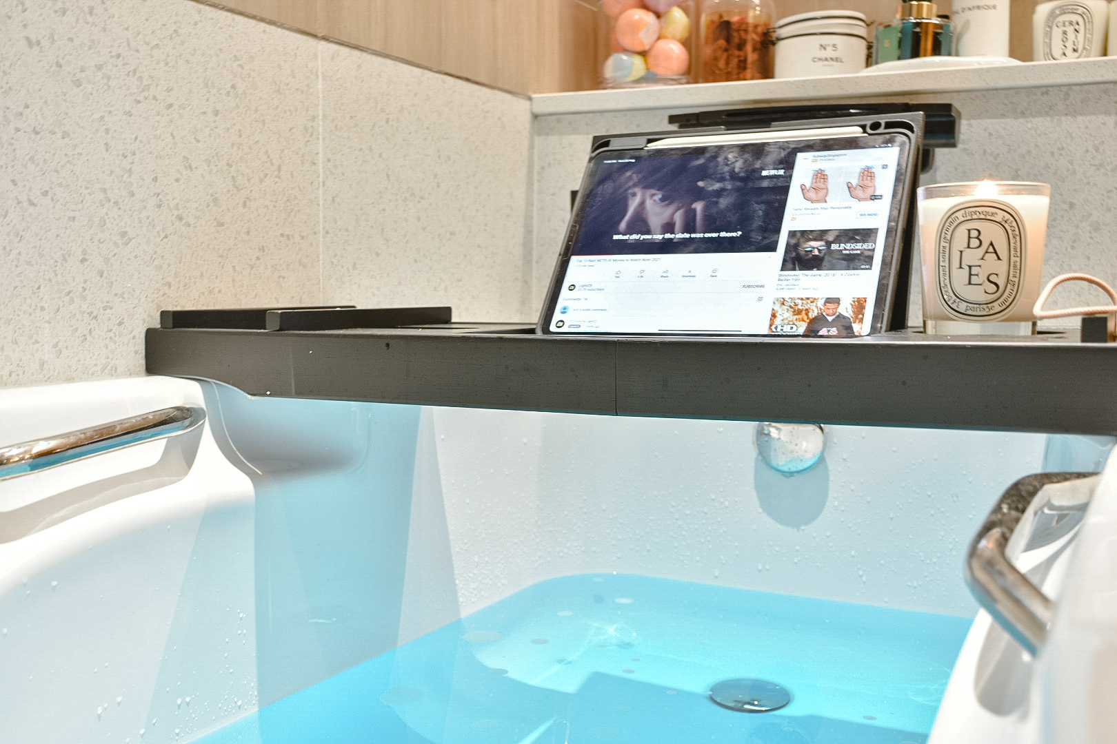 Bathroom Bliss: the Perfect Relaxation Space - Bathtub, shower area, bathroom vanity, digital tablet, tablet stand, bathtub