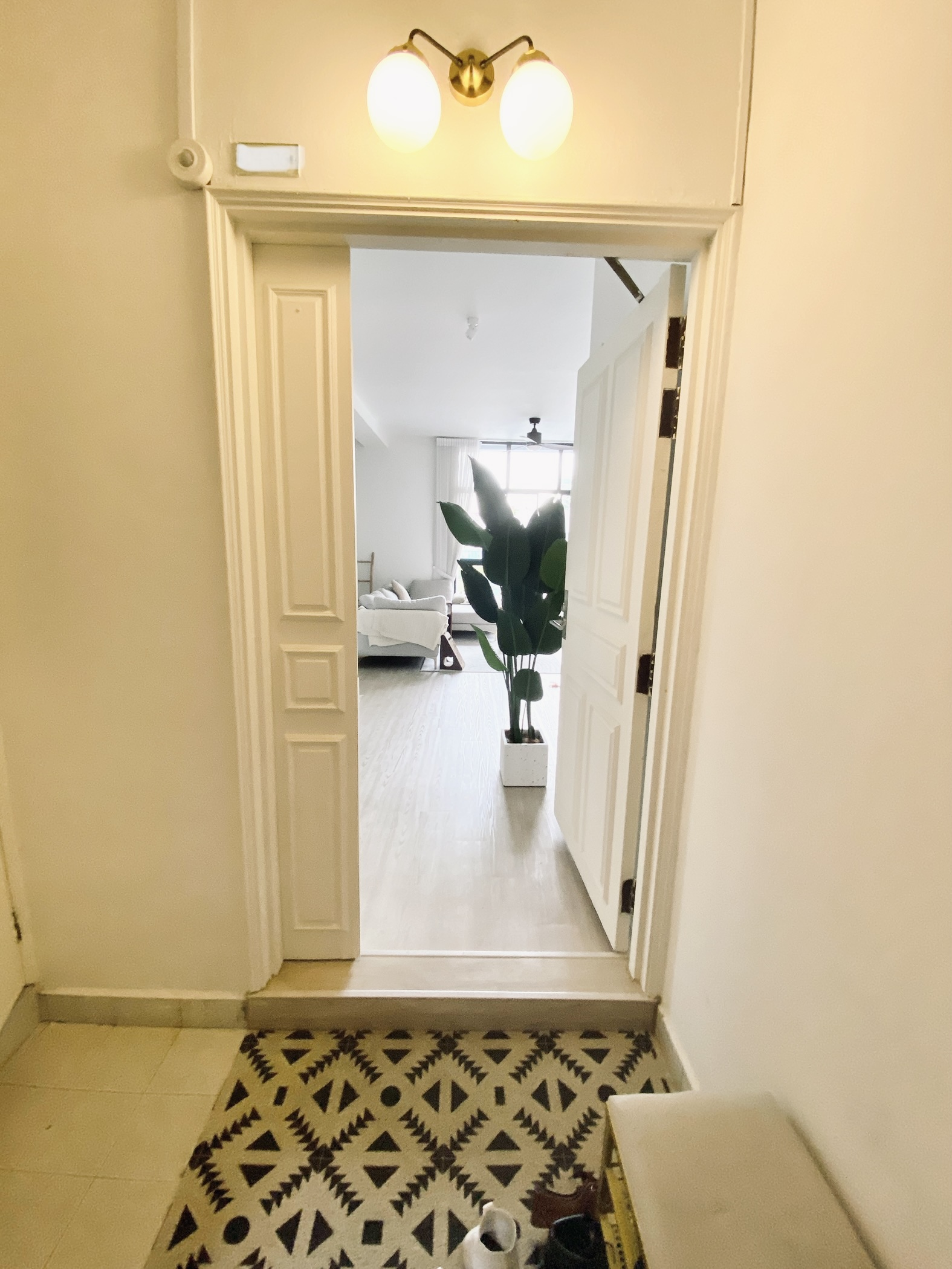 Private Entryway to our Home - White door frame, modern light fixture, well-lit hallway, beige walls, geometric patterned