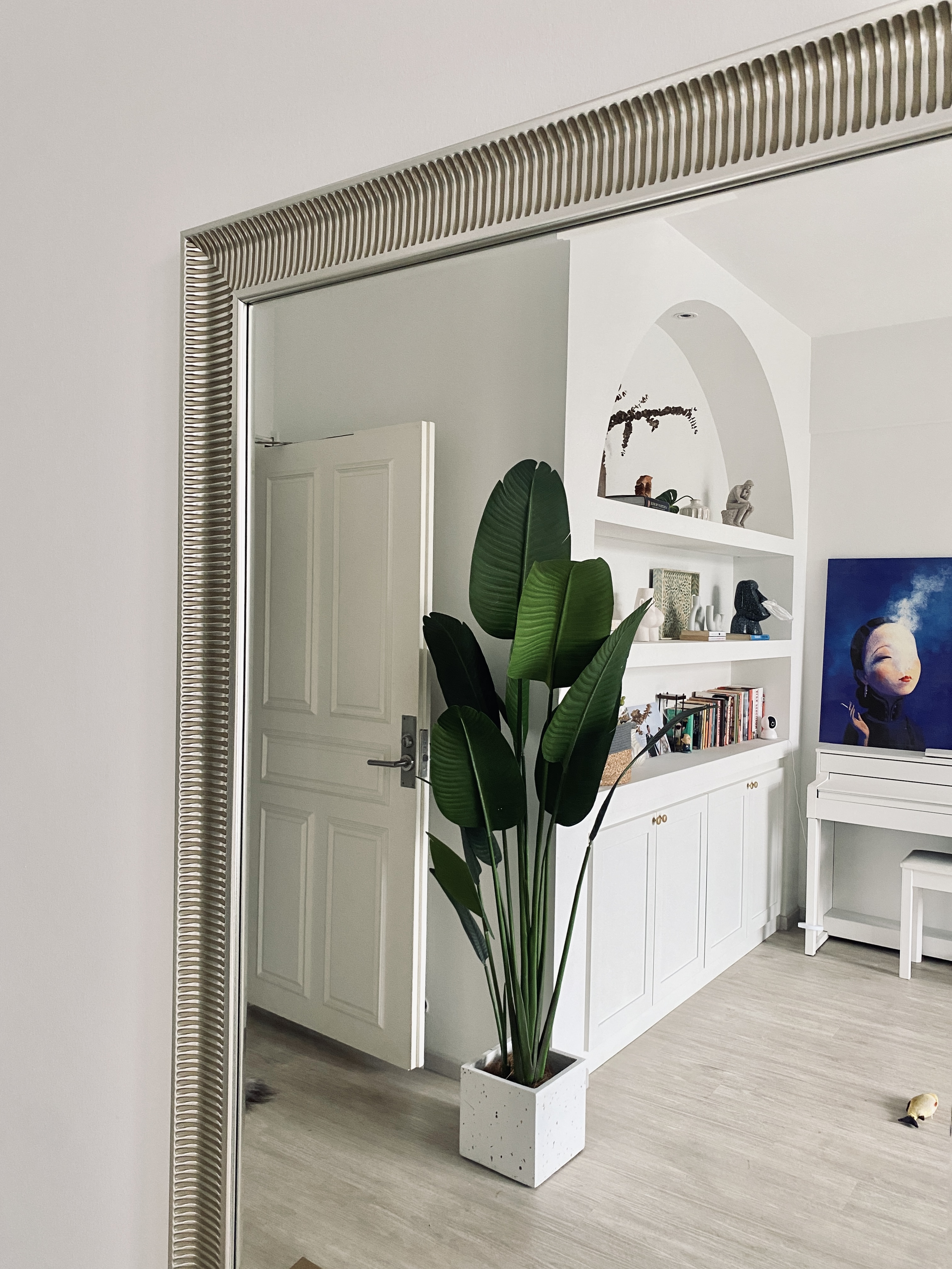 Private Entryway to our Home - White modern minimalist interior, large potted plant, open door, light gray floor, white door