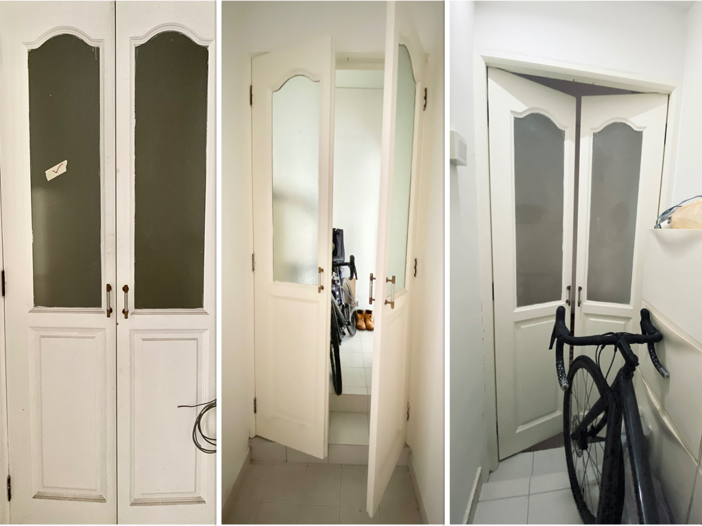 Private Entryway to our Home - White double doors, frosted glass panels, partially open doors, hallway with bicycle, black
