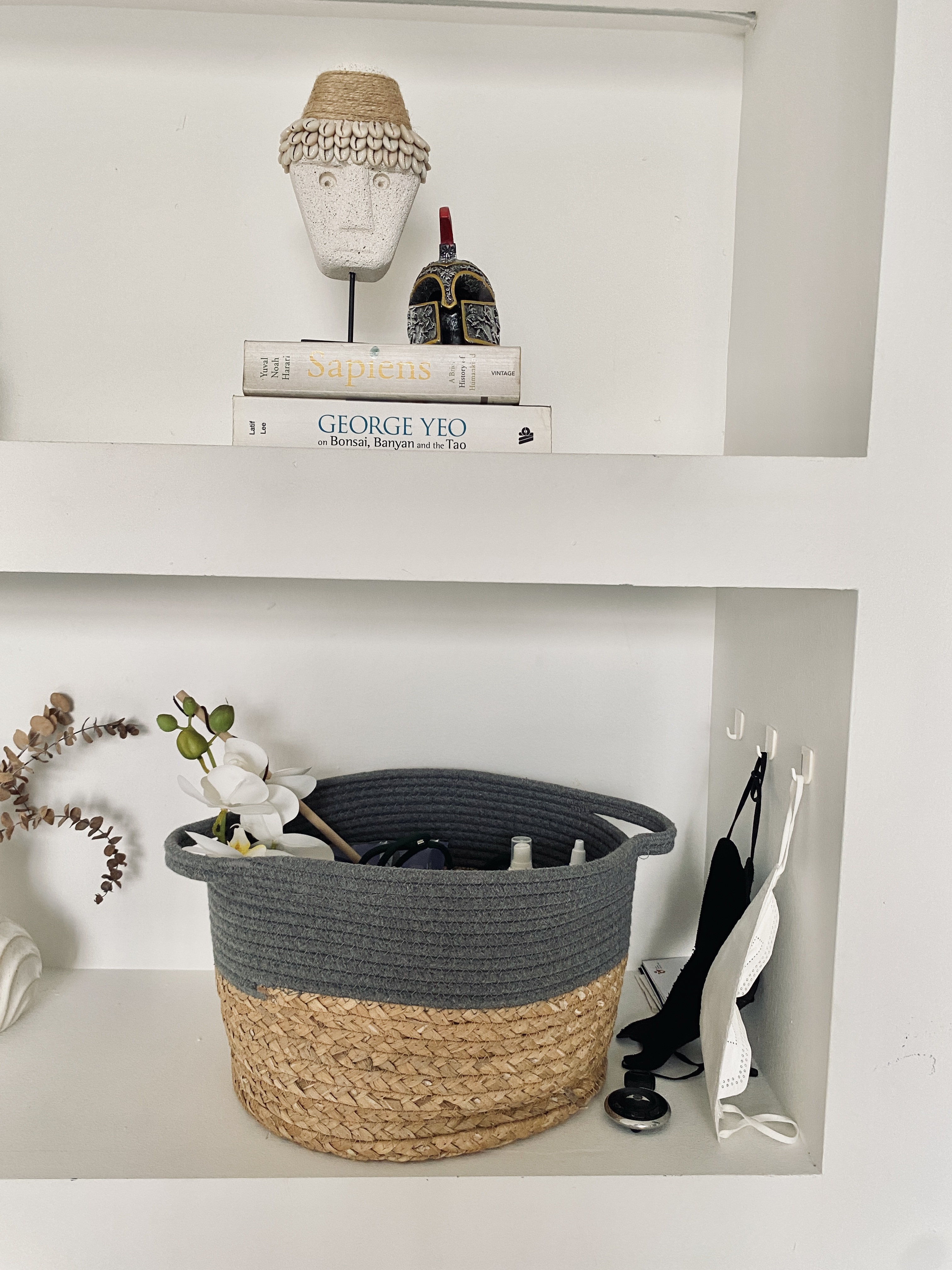 Private Entryway to our Home - vintage, decorative, woven basket, gray and beige, shelf display, modern decor, artistic