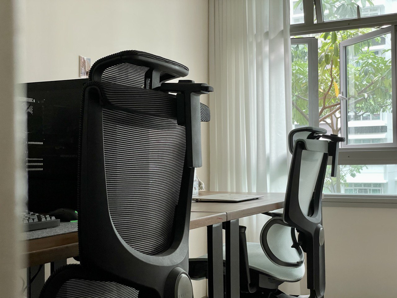 Study Room for All Things Studious  - Black ergonomic office chair, modern workspace, dual-height desk, natural light