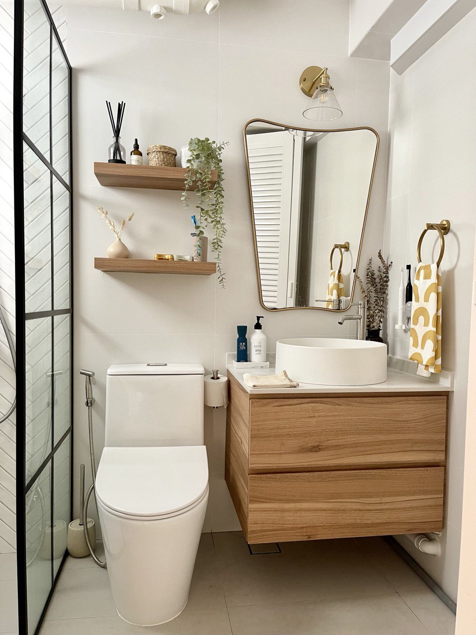 Our Private Sanctuary - Wooden vanity, white toilet, modern bathroom, minimalist design, floating shelf, white tiles, natural
