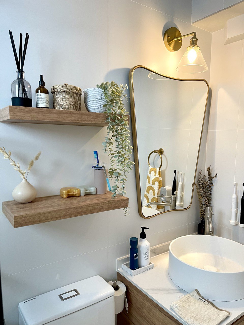 Our Private Sanctuary - Wooden shelves, minimalist design, natural elements, white marble countertop, modern bathroom