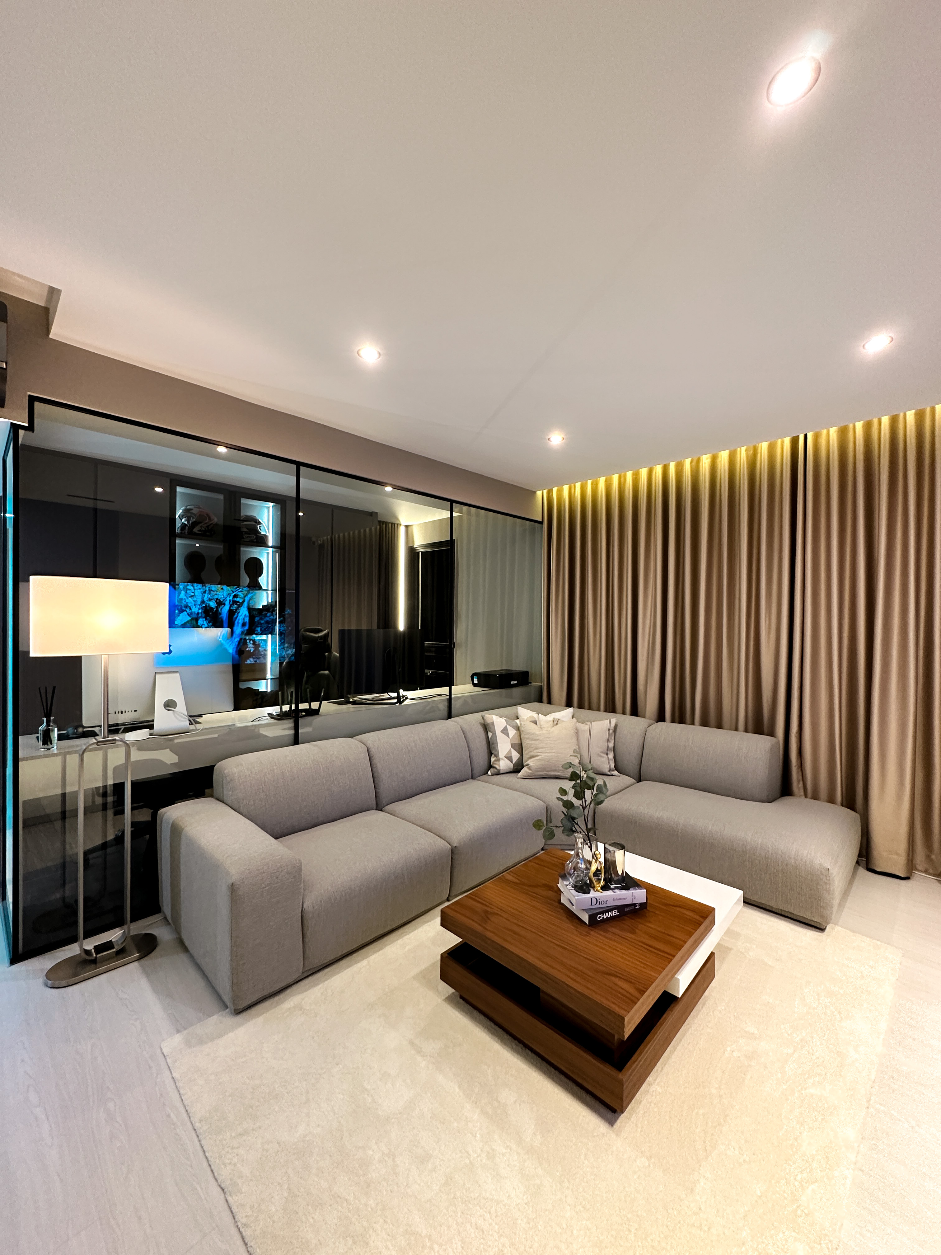 Hotel-like Luxe in a Home - Modern living room, contemporary design, minimalist decor, sleek furniture, large sectional sofa