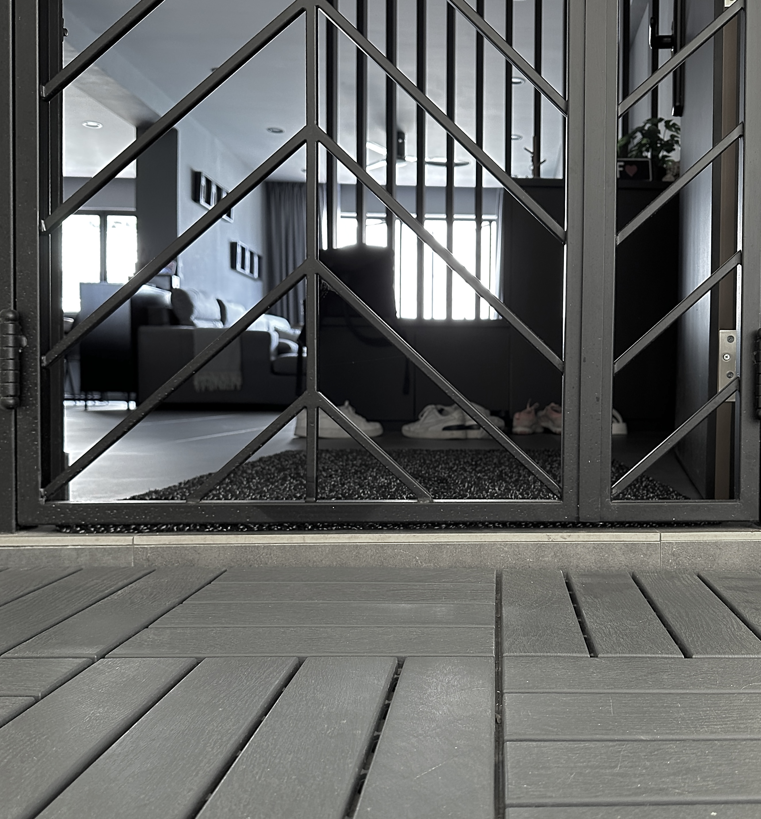 Stepping up our doorway game - Modern interior, black metal gate, geometric design, indoor garden, cozy living room, large