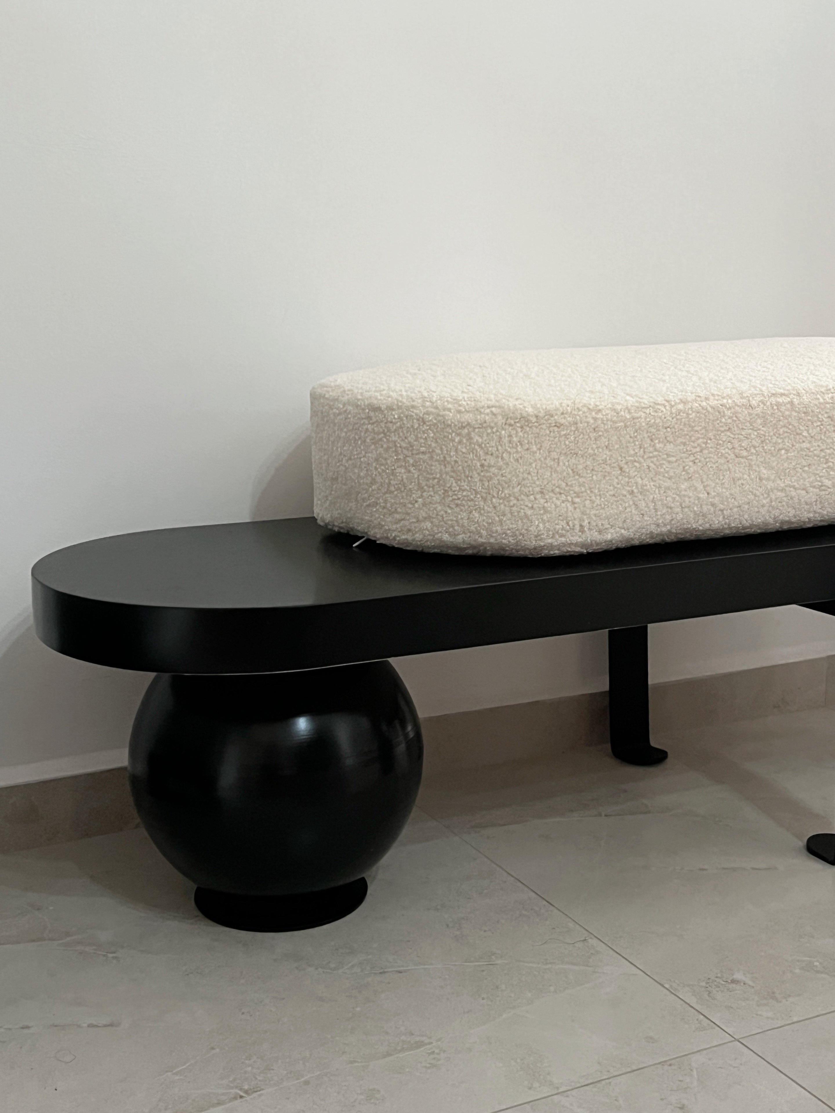 Our entryway of our 4 room BTO (No Carpentry) - modern bench, minimalist table, black round table, textured surface, soft