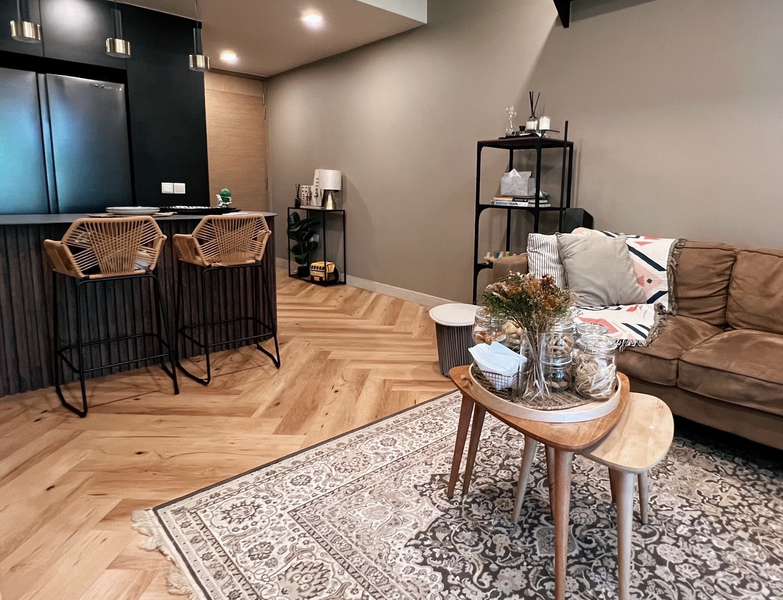 A living room refresh for Hari Raya! - modern living room, contemporary design, stylish kitchen, wooden flooring, herringbone