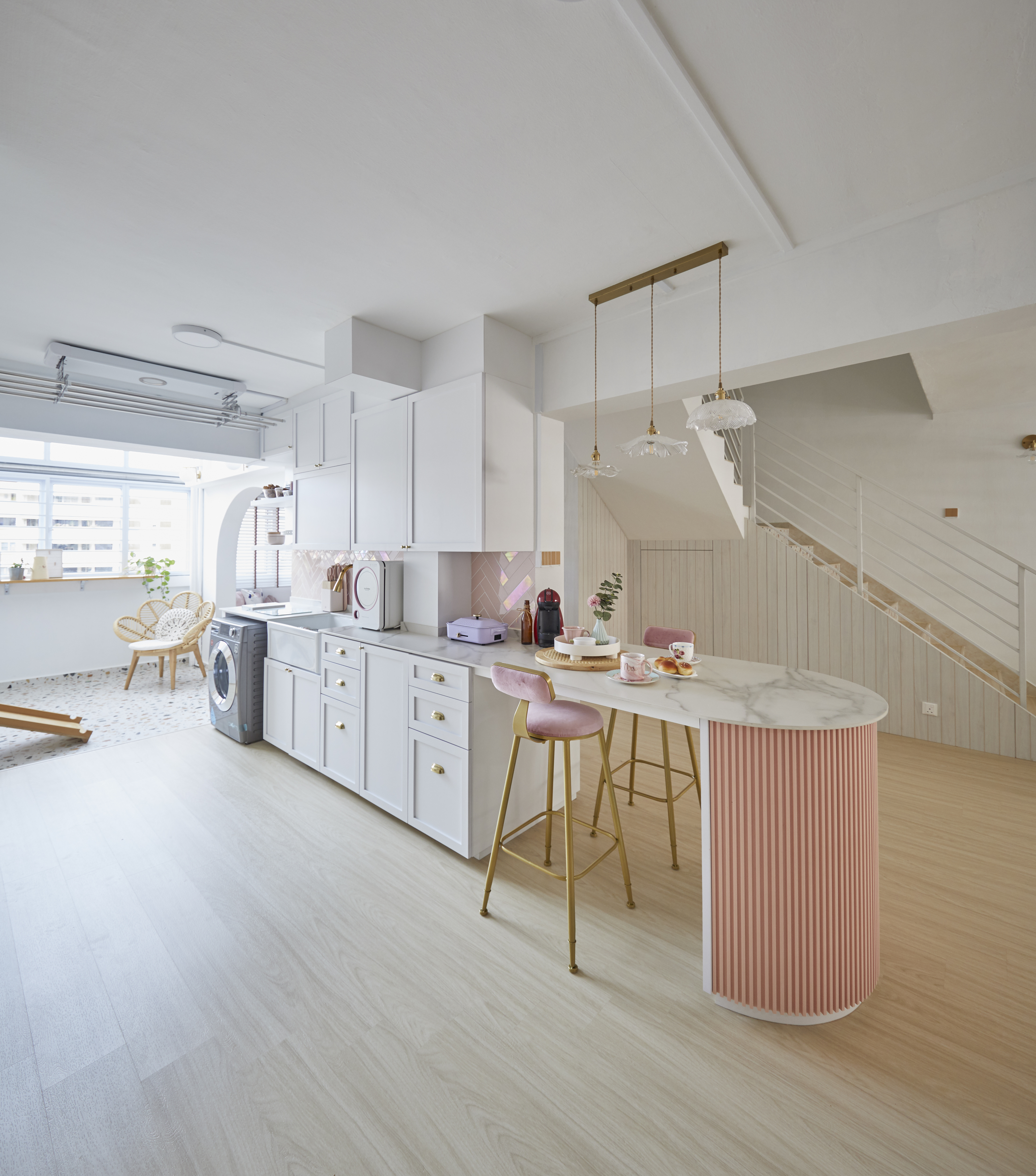 Kitchen is a heart at home. - White kitchen with modern appliances, minimalist design, light wooden flooring, elegant pendant