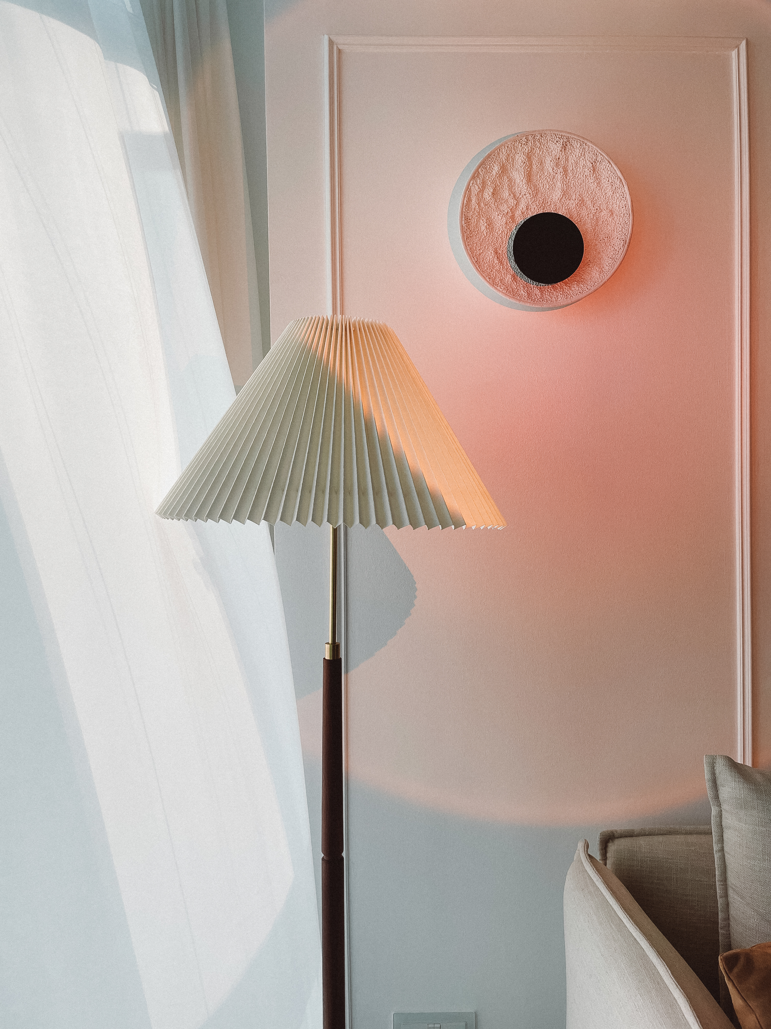 My Cozy Corner: A Place of Serenity and Comfort - Soft, ambient light streaming through sheer curtains, casting gentle