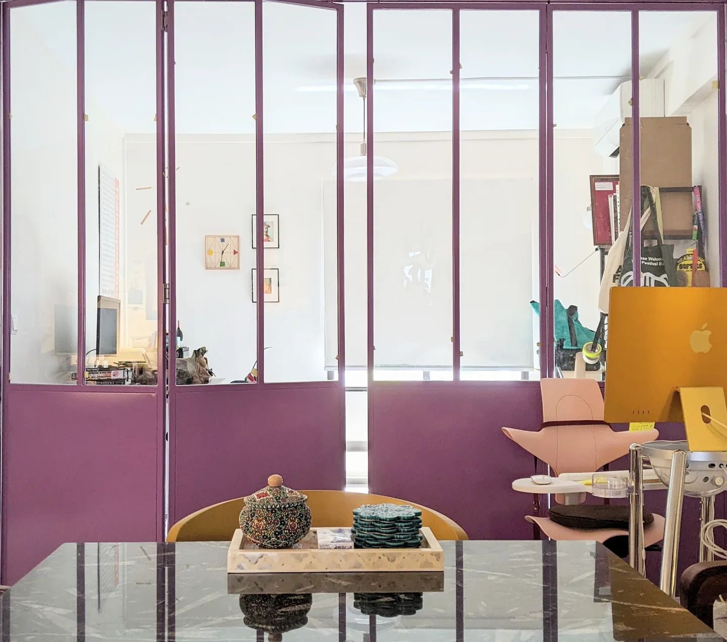 Living with Art - Purple partition, modern office, glass doors, minimalist design, workspace, desk setup, colorful decor