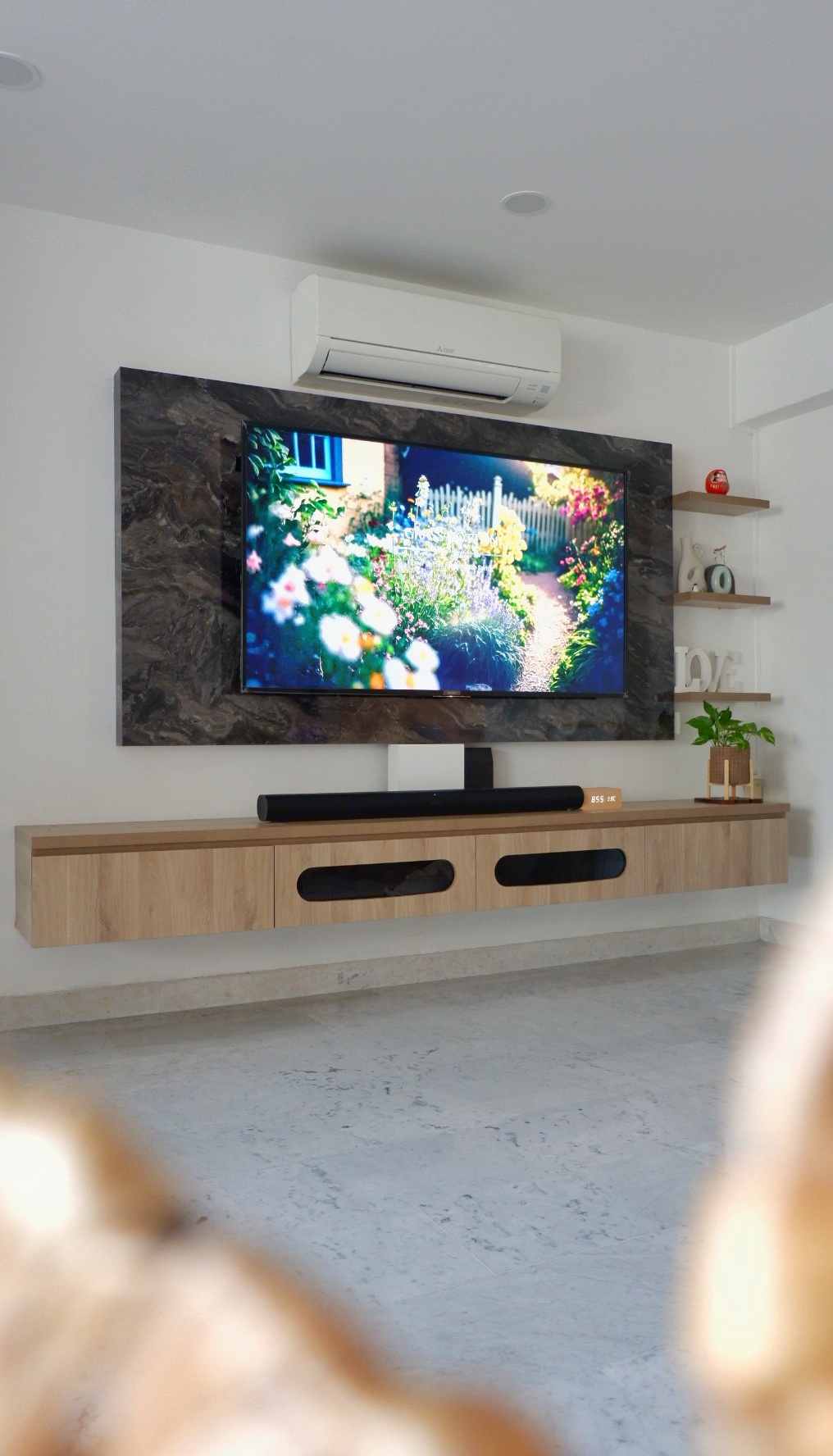 Minimalist Living Room  - Modern living room, contemporary design, minimalist decor, sleek TV stand, wooden media console