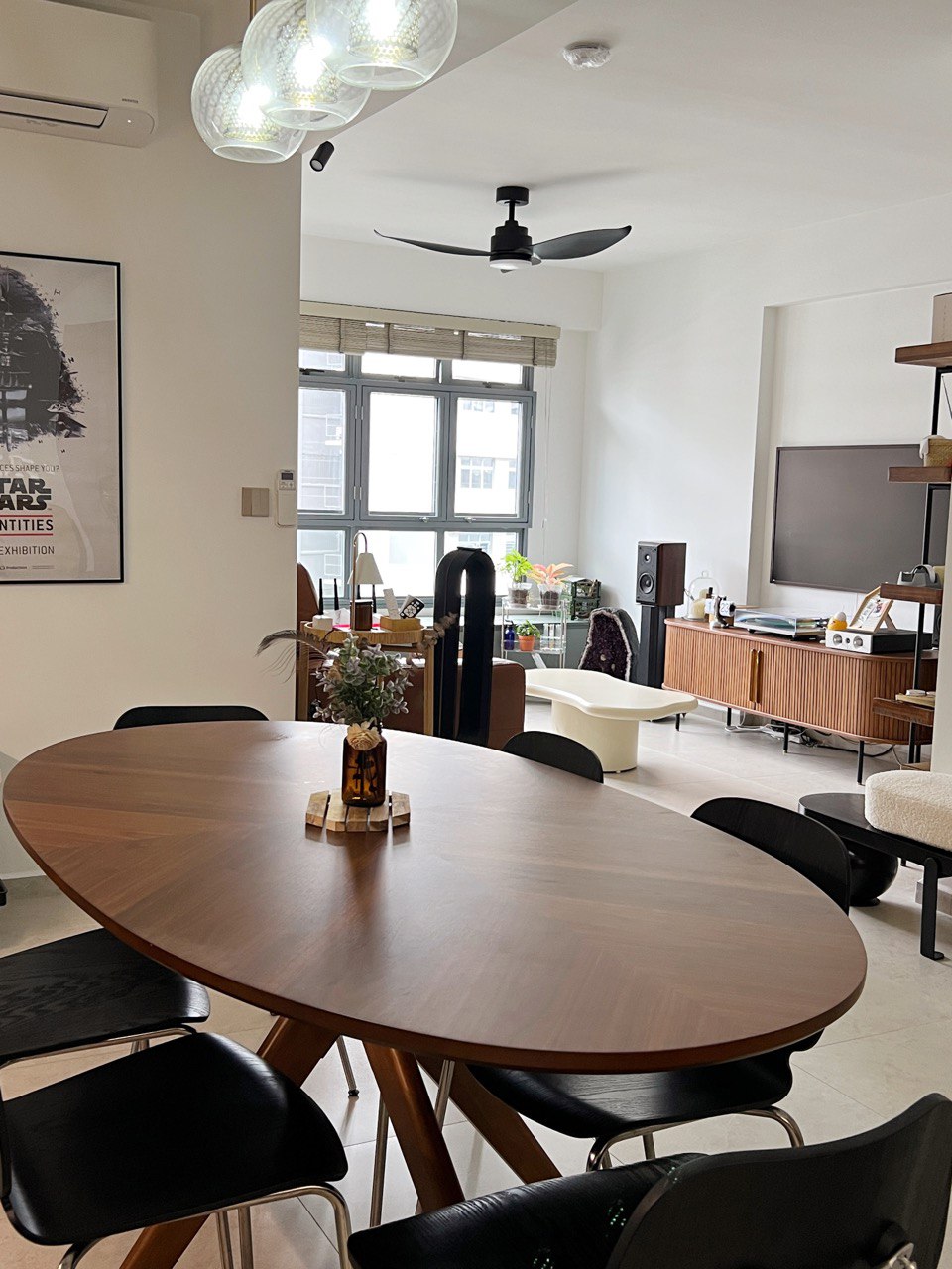 Dining area in front of our 4 room BTO open kitchen - Modern living room, contemporary design, minimalist decor, sleek