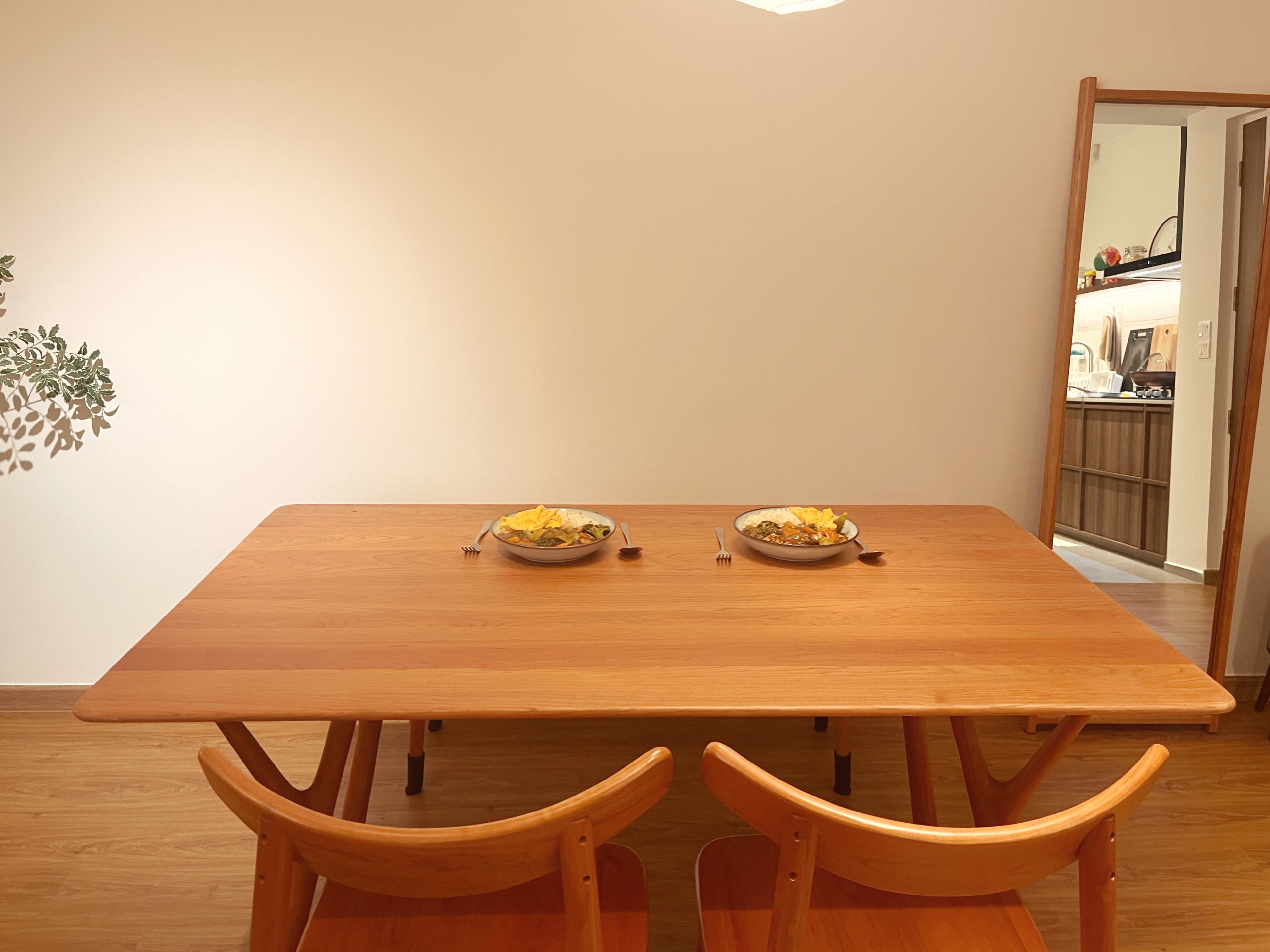 Cosy dining area set up - Taobao + Ikea only! - Wooden dining table, minimalist design, two bowls on table, wooden chairs