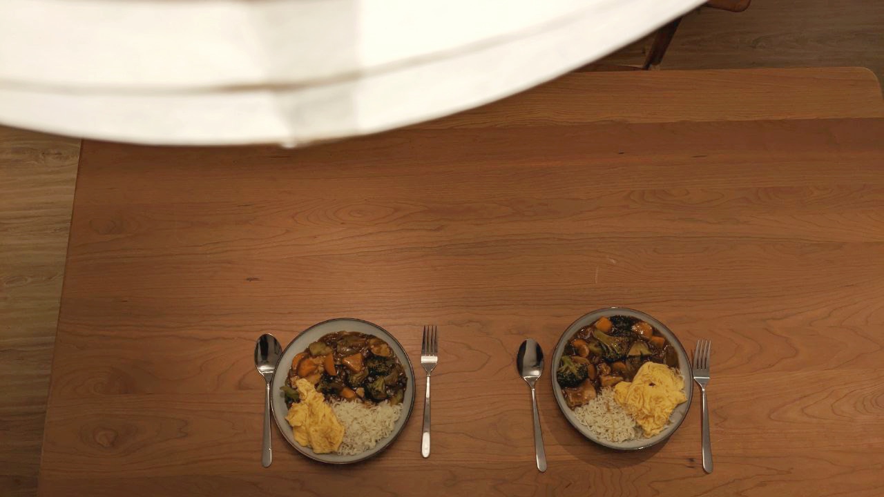 Cosy dining area set up - Taobao + Ikea only! - wooden table, two plates, meal, scrambled eggs, white rice, broccoli