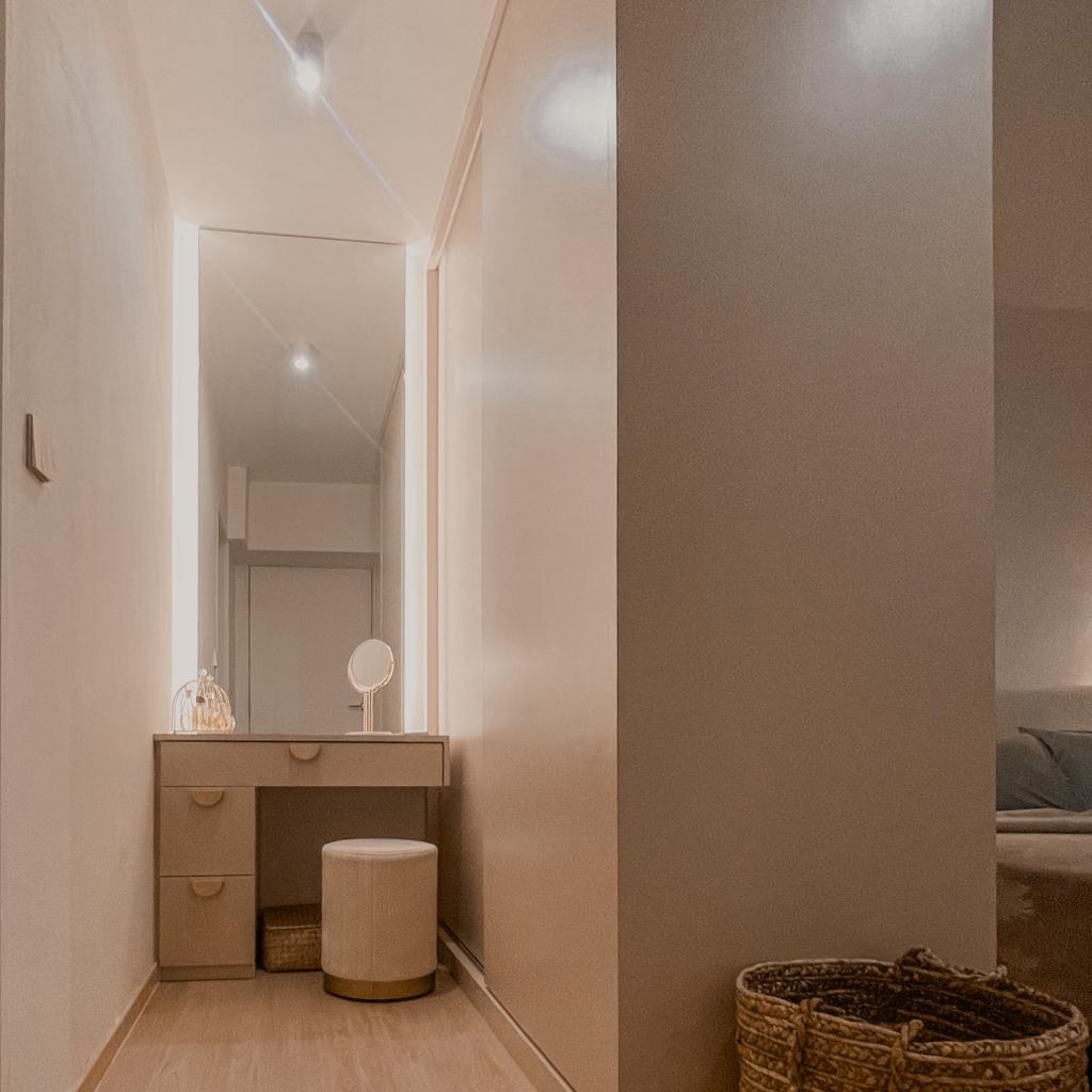 Functional Master Bedroom With A Mini Walk-In Wardrobe  - Modern minimalist bathroom, sleek vanity, floating medicine