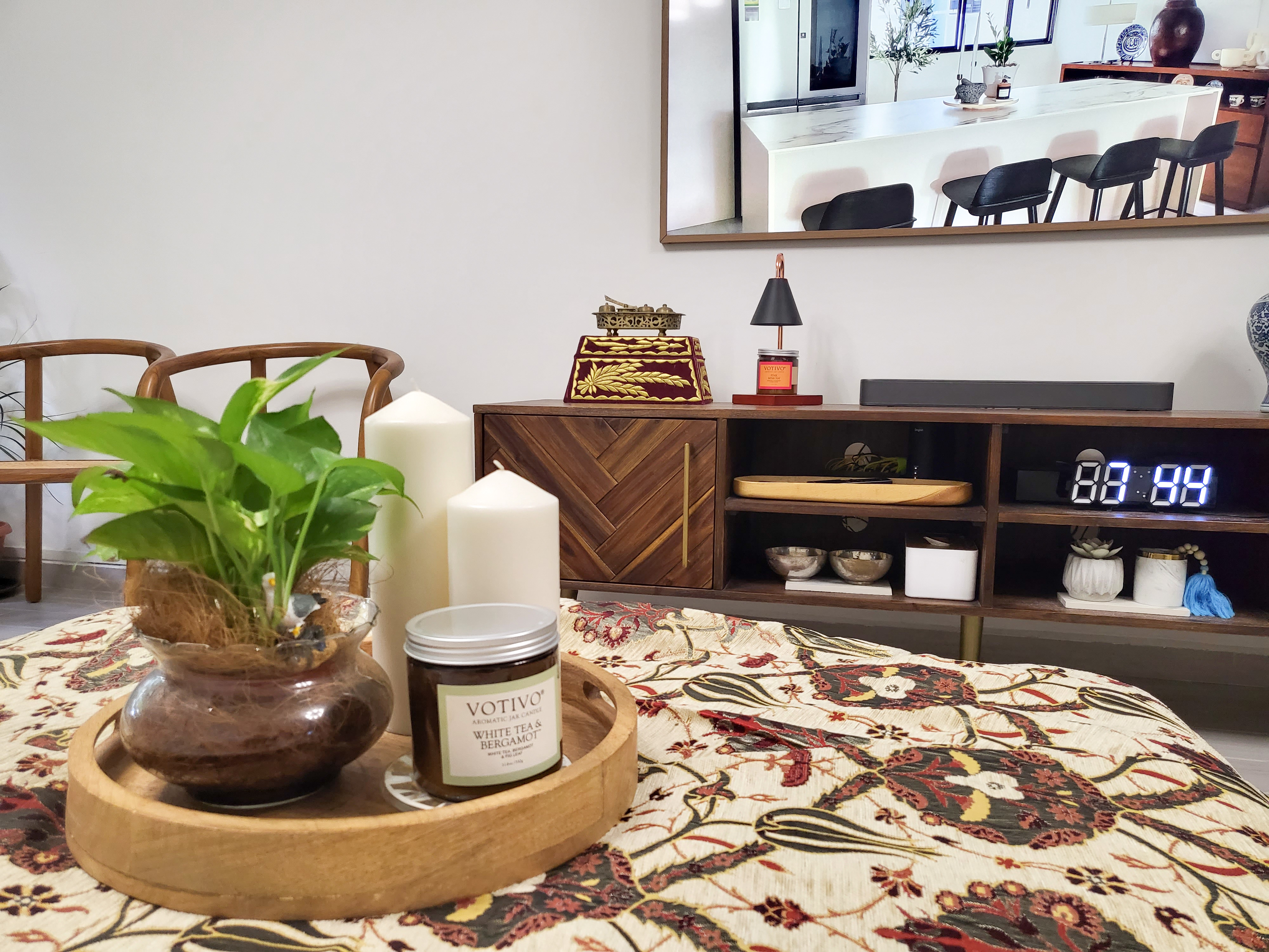 Spacious Mid Century Modern Living Room, with space for all your needs - vibrant green plant, modern kitchen, wooden