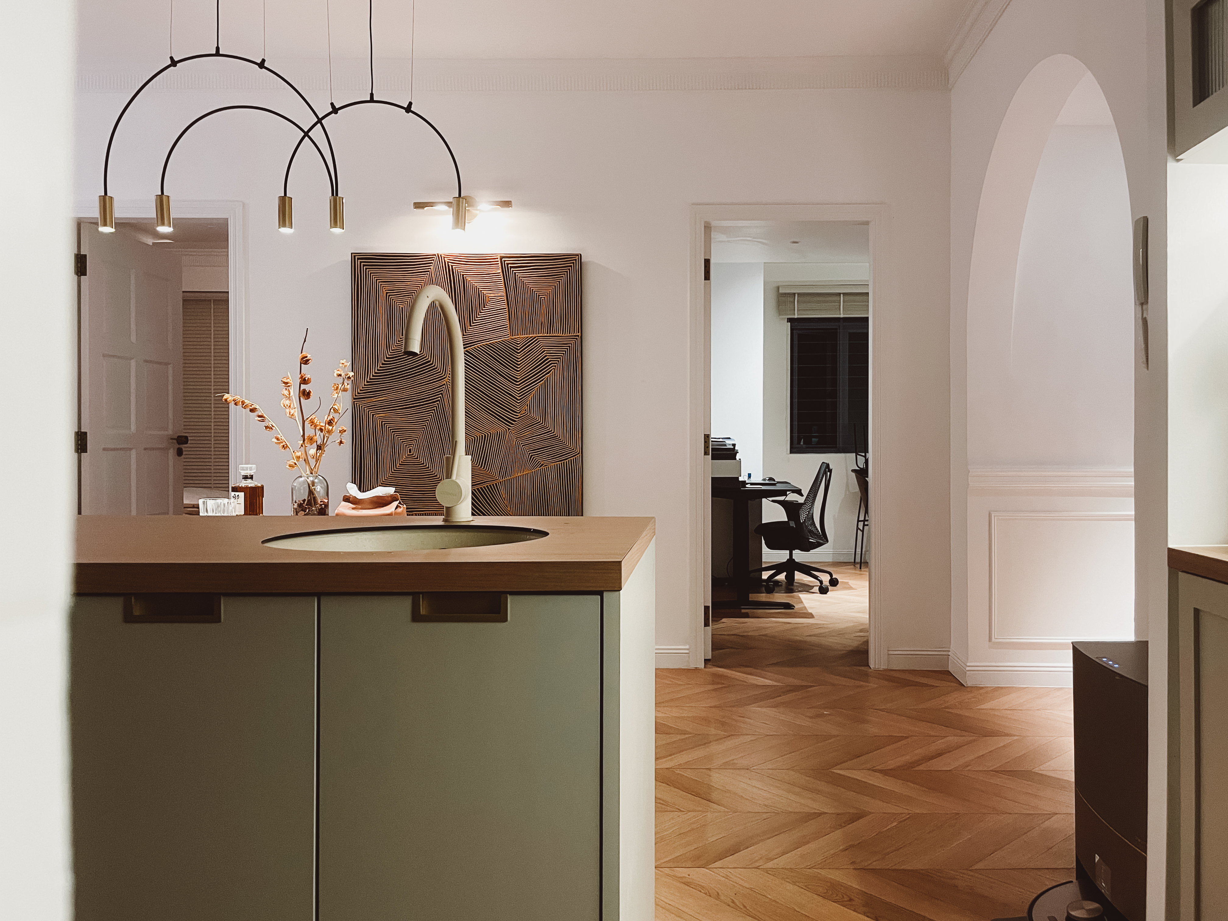 My Kitchen Transformation: From One Space to Two - modern kitchen with pendant lights, warm lighting, abstract artwork