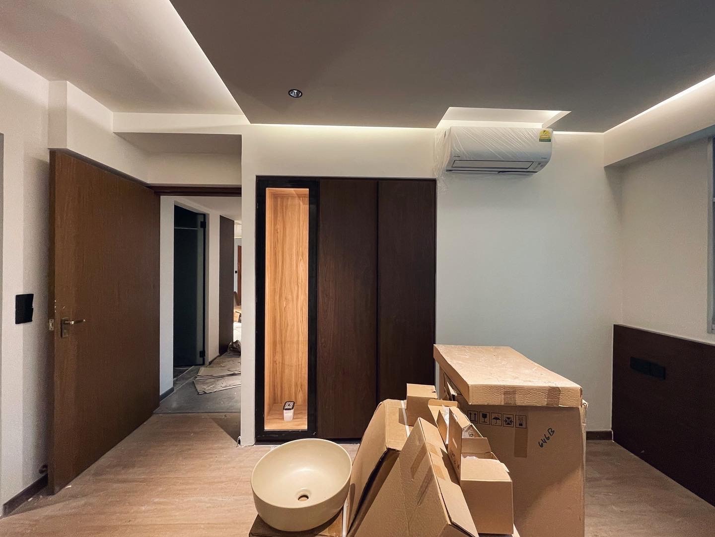 We knocked down all possible walls in our house. Some before & after. - Wooden doors, modern interior, hallway, open closet