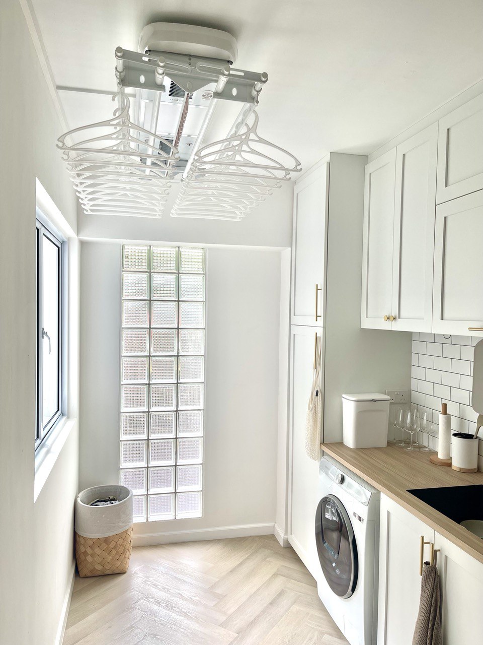 Our Farmhouse Kitchen Dreams - White kitchen with modern design, white cabinets, wooden countertop, built-in oven, white