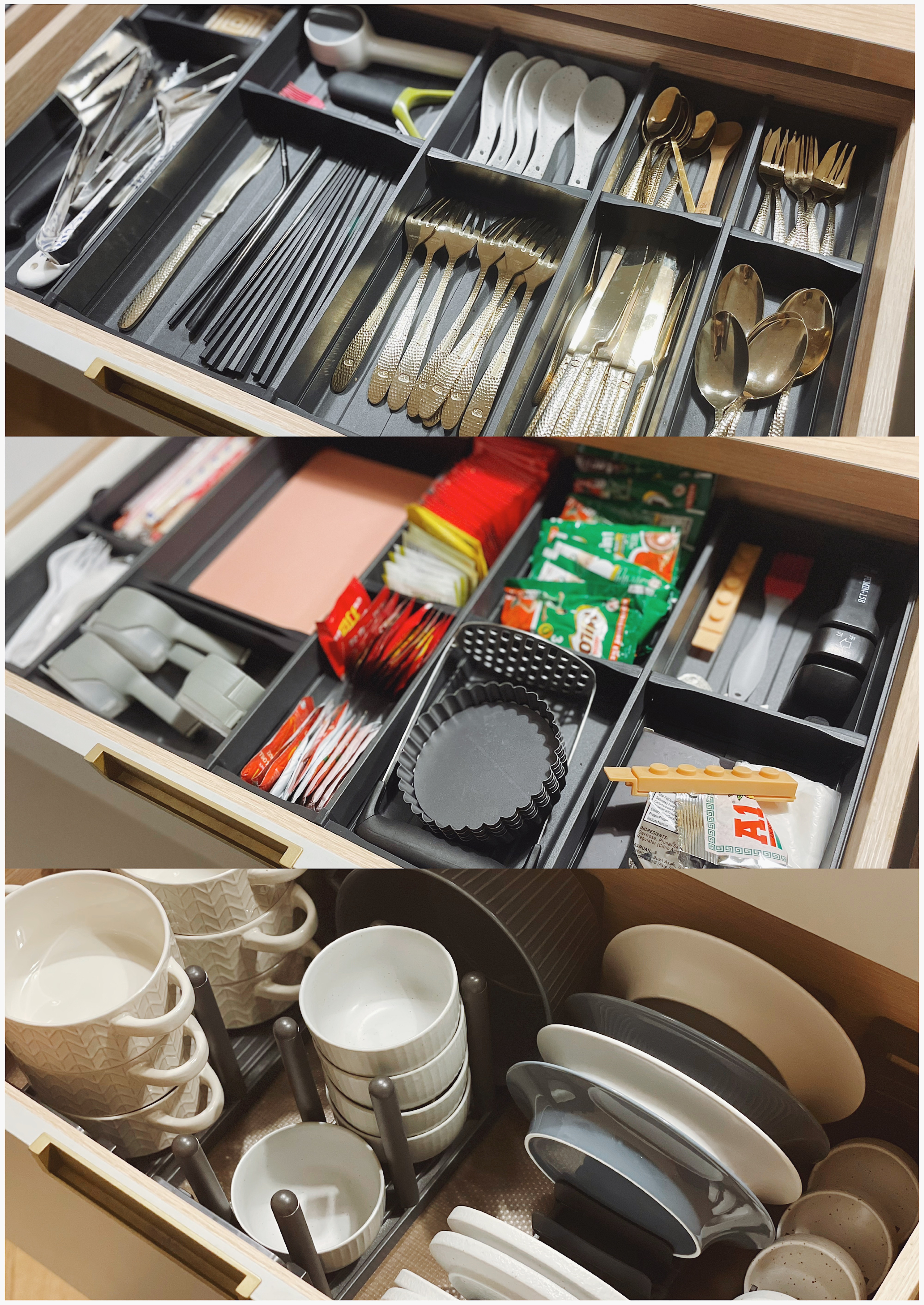 My Kitchen Transformation: From One Space to Two - Ceramic utensils, neatly organized, stainless steel knives, gold-colored