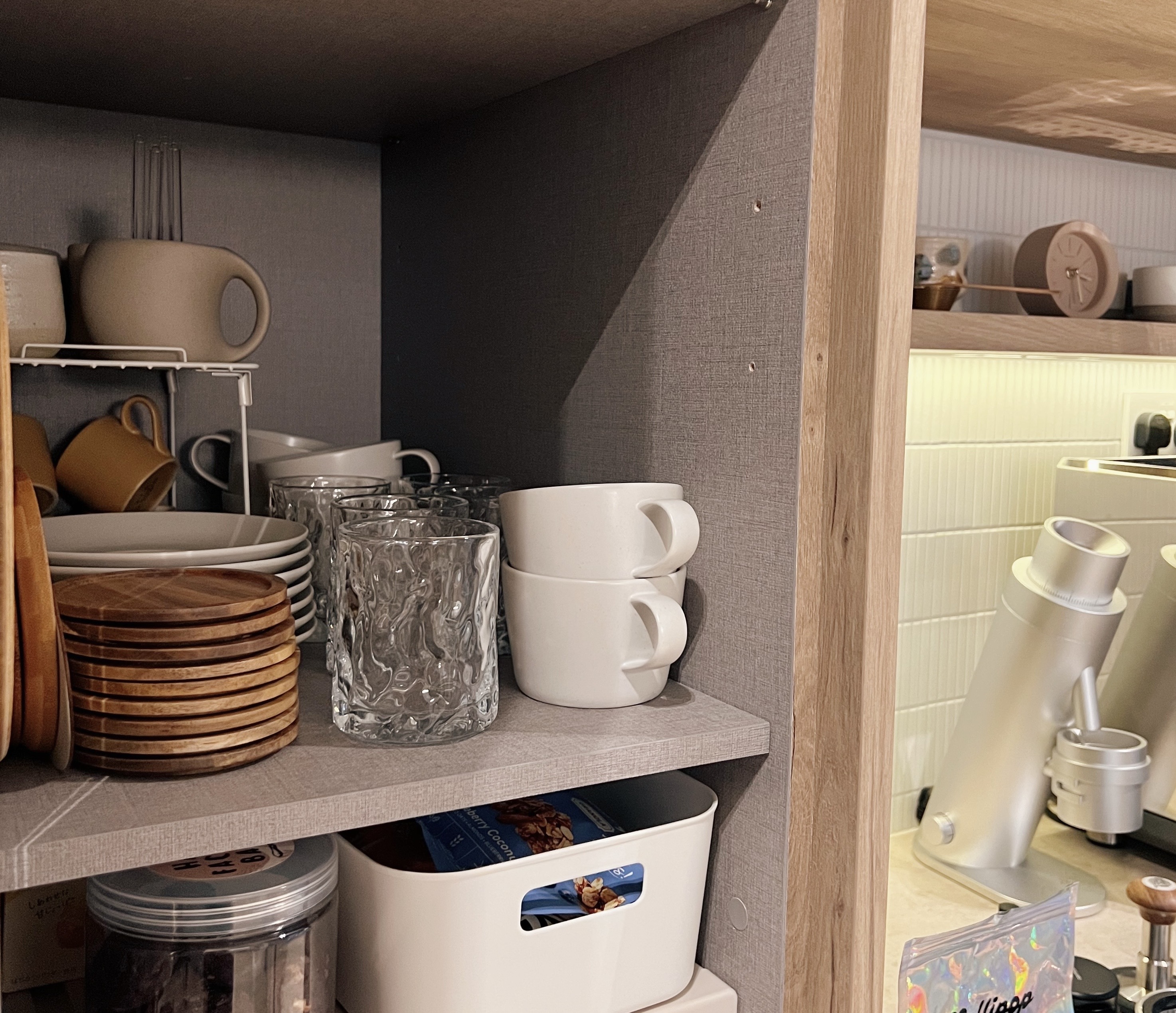 Our daily dose of happiness ☕️🍵 - glassware, ceramic cups, wooden plates, clear glass, kitchen utensils, white ceramic cups