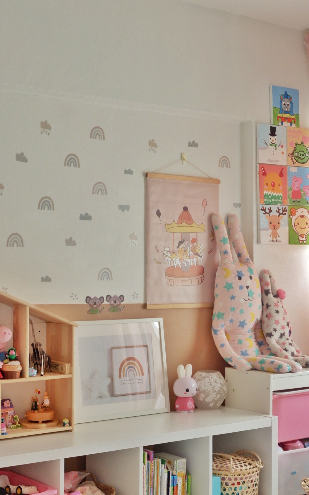 Multi Purpose Playroom & Studyroom  - Rainbow-patterned wallpaper, colorful decorations, children's room, pastel colors, cute