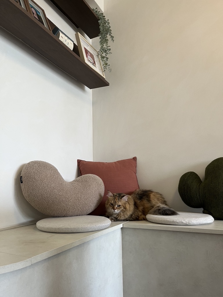 Combining The Best Of Practicality & Personality, Into A Cosy Corner - modern cozy corner, plush cat bed, soft beige cushion