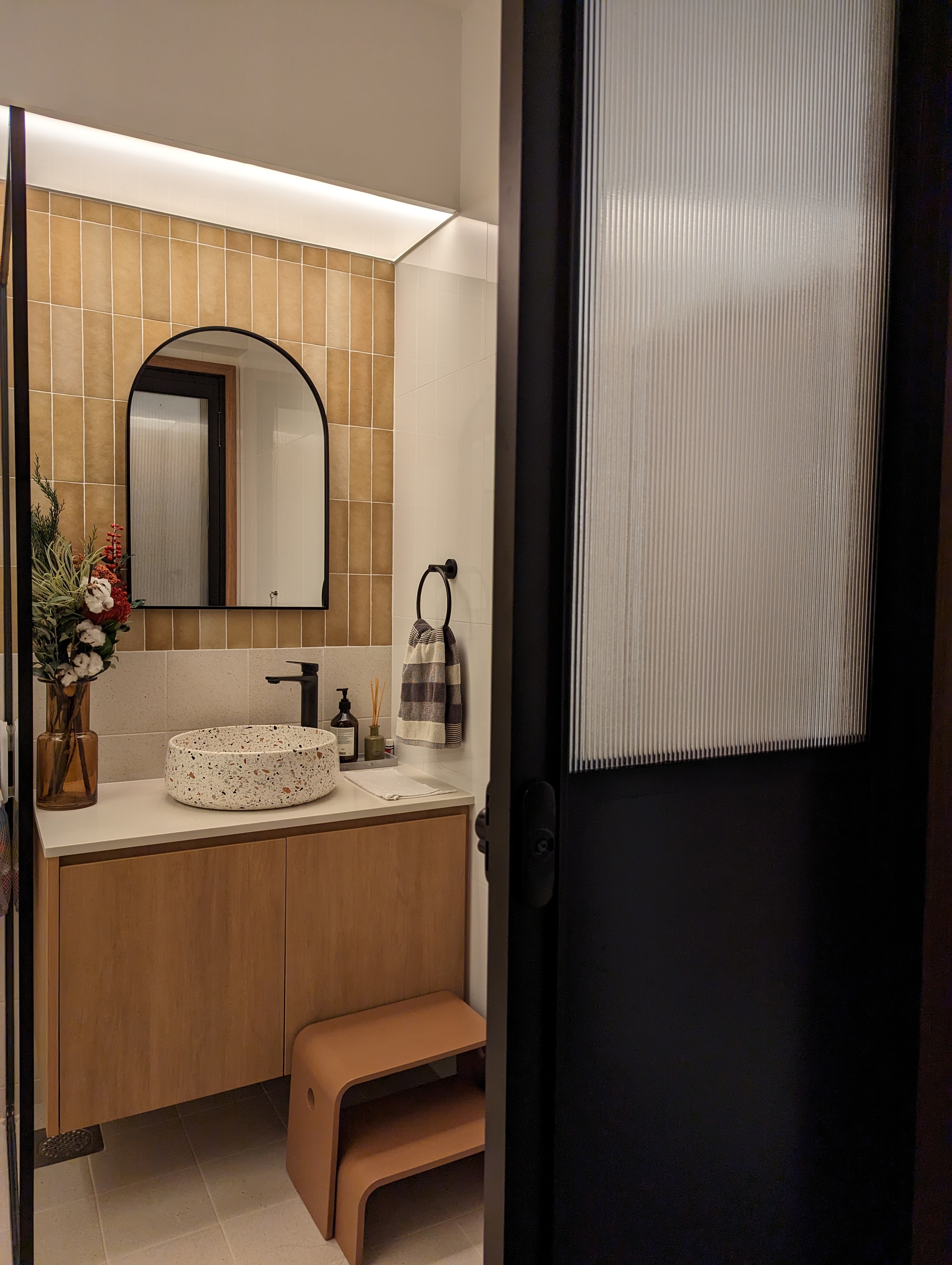 Comfort and Relief | Creating a mood for that ploop - Modern bathroom interior, minimalist design, floating vanity, beige