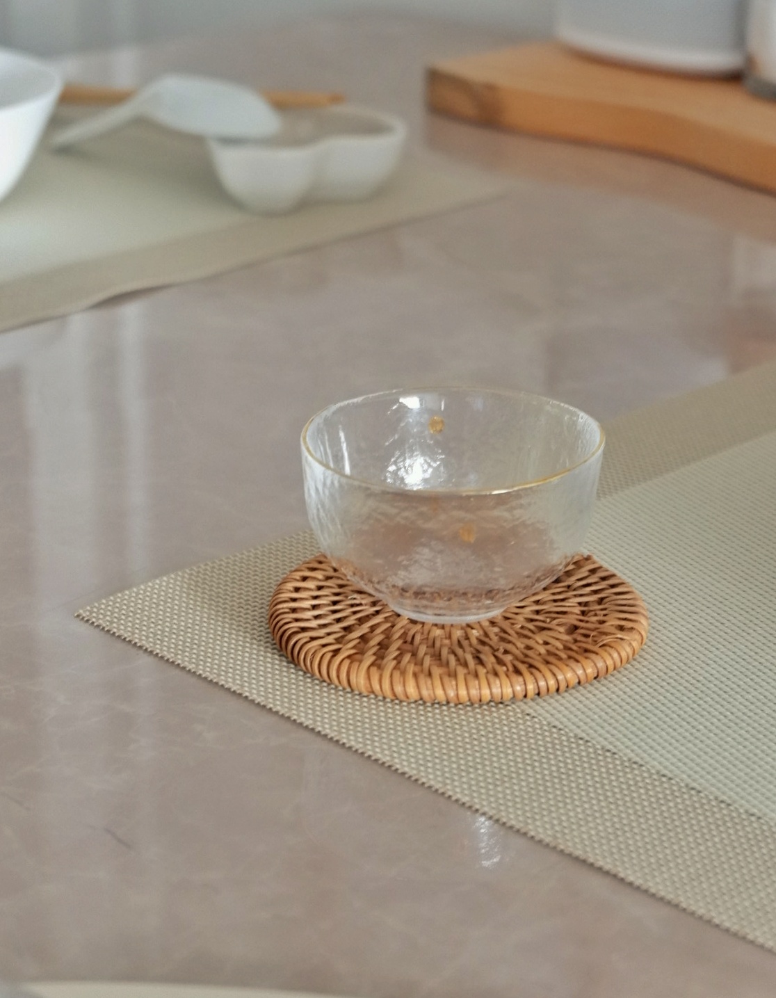 Classy Dining Area For All Things Sumptuous - glass bowl, clear glass, empty glass, table setting, placemat, woven coaster