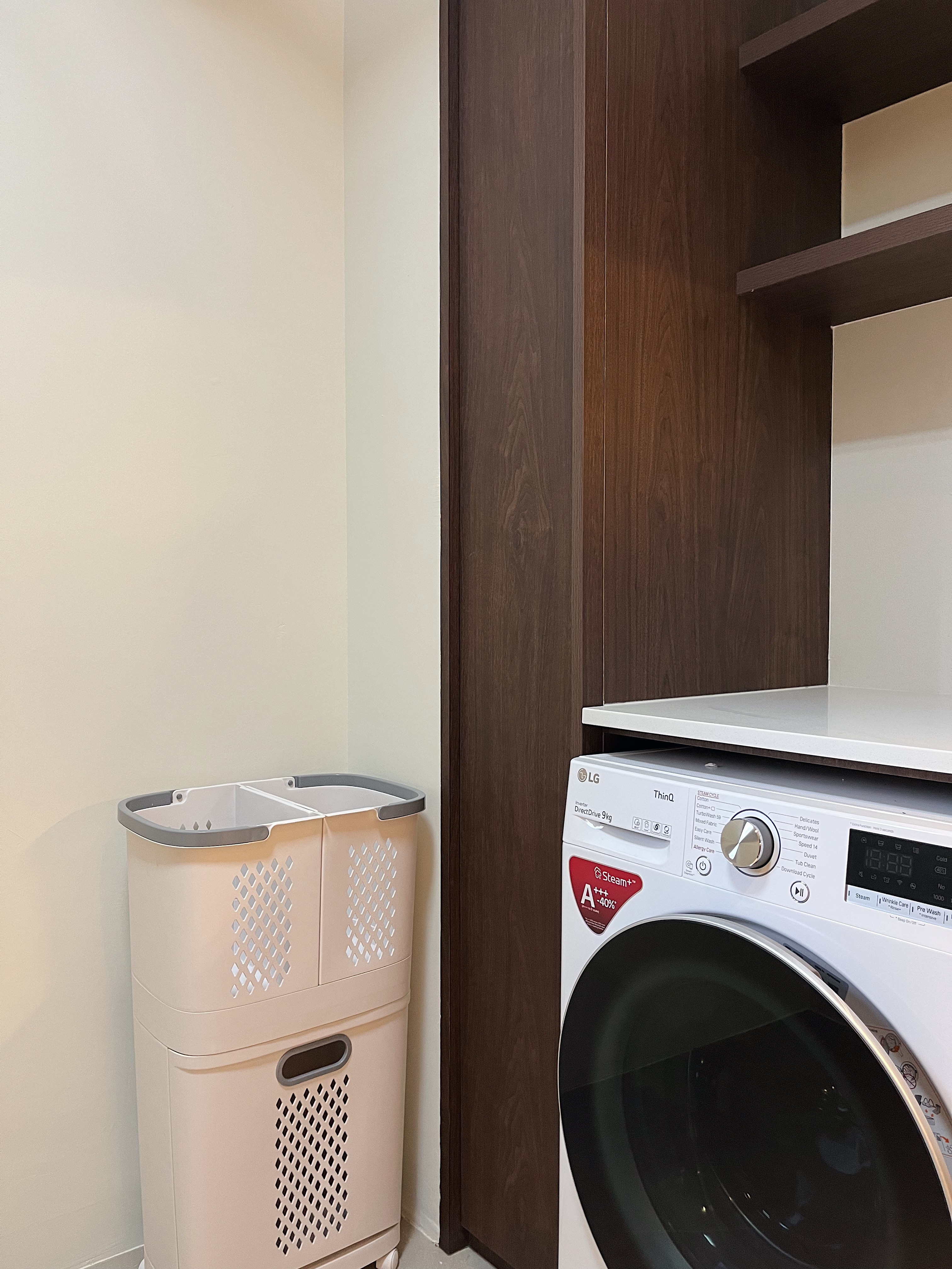 Small Yet Functional Service Yard  - laundry basket, laundry machine, front-loading washing machine, indoor laundry, laundry