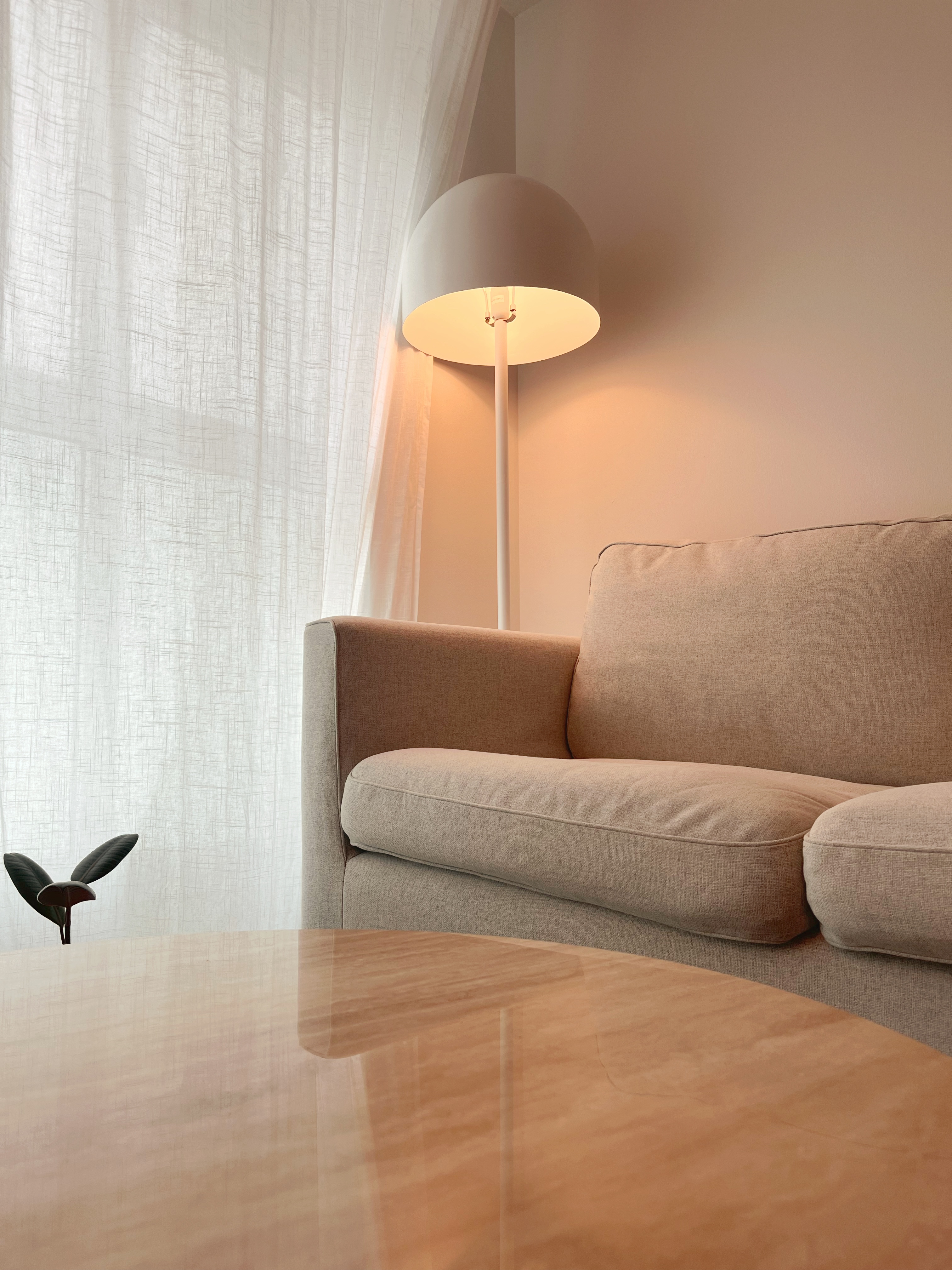 Living Room: Netflix, chill, fall asleep till 3am - Soft, neutral-toned sofa, minimalist decor, cozy atmosphere, natural