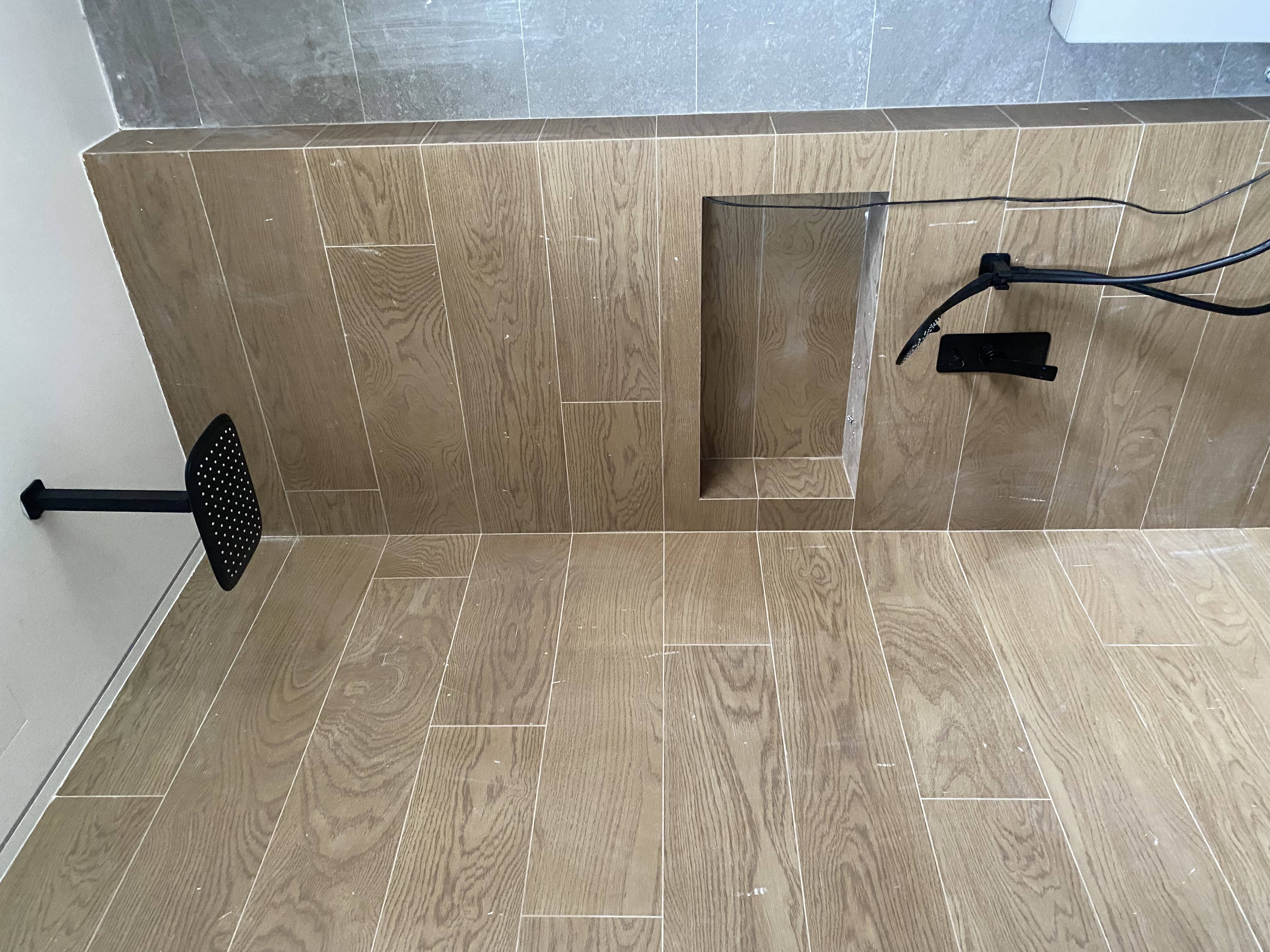 Love walnut wood in bathrooms! - Wooden tile floor, bathroom wall, tiled room, wooden wall tiles, wooden floor tiles, wooden