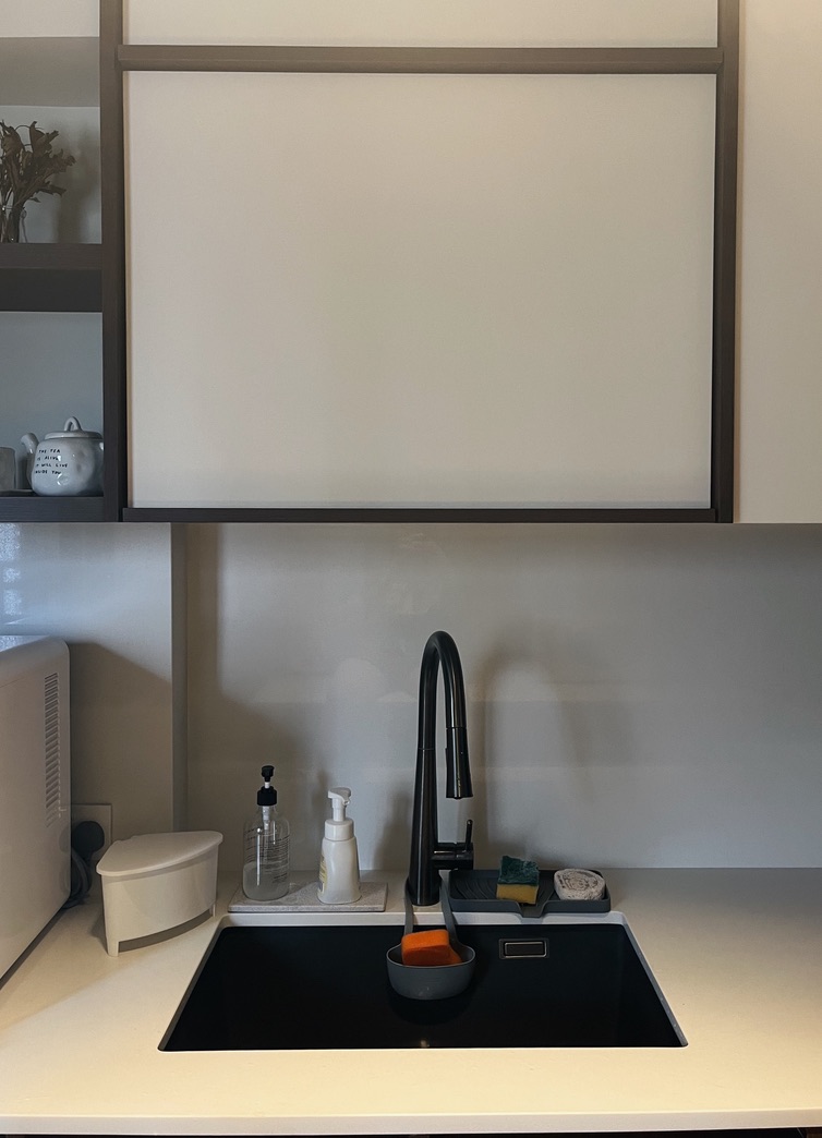 Spacious & Airy Kitchen For All Your Cooking Needs  - modern kitchen sink, minimalist design, sleek black faucet, white