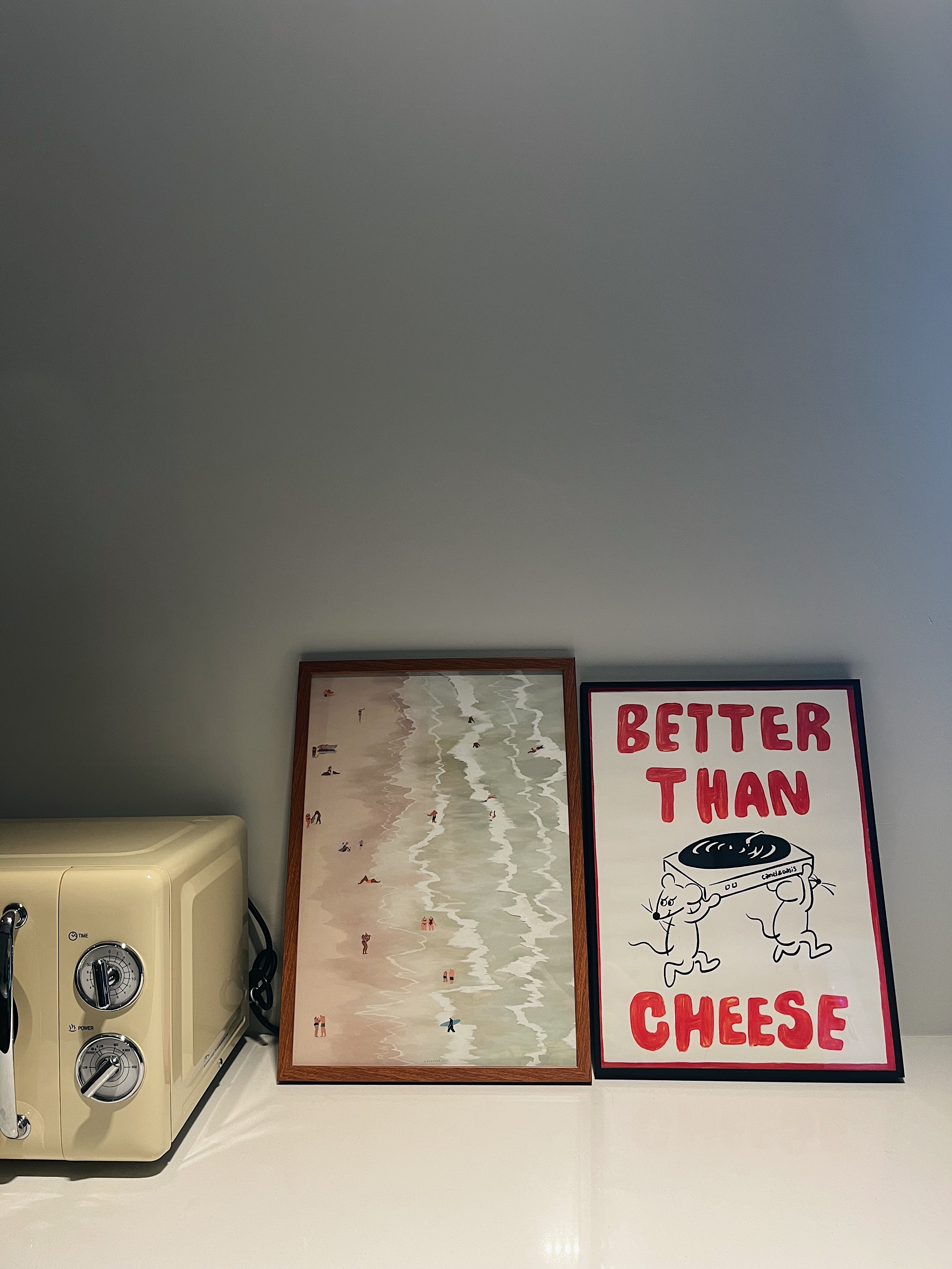 Spacious & Airy Kitchen For All Your Cooking Needs  - Toaster, vintage, beige, control knobs, power button, framed artwork