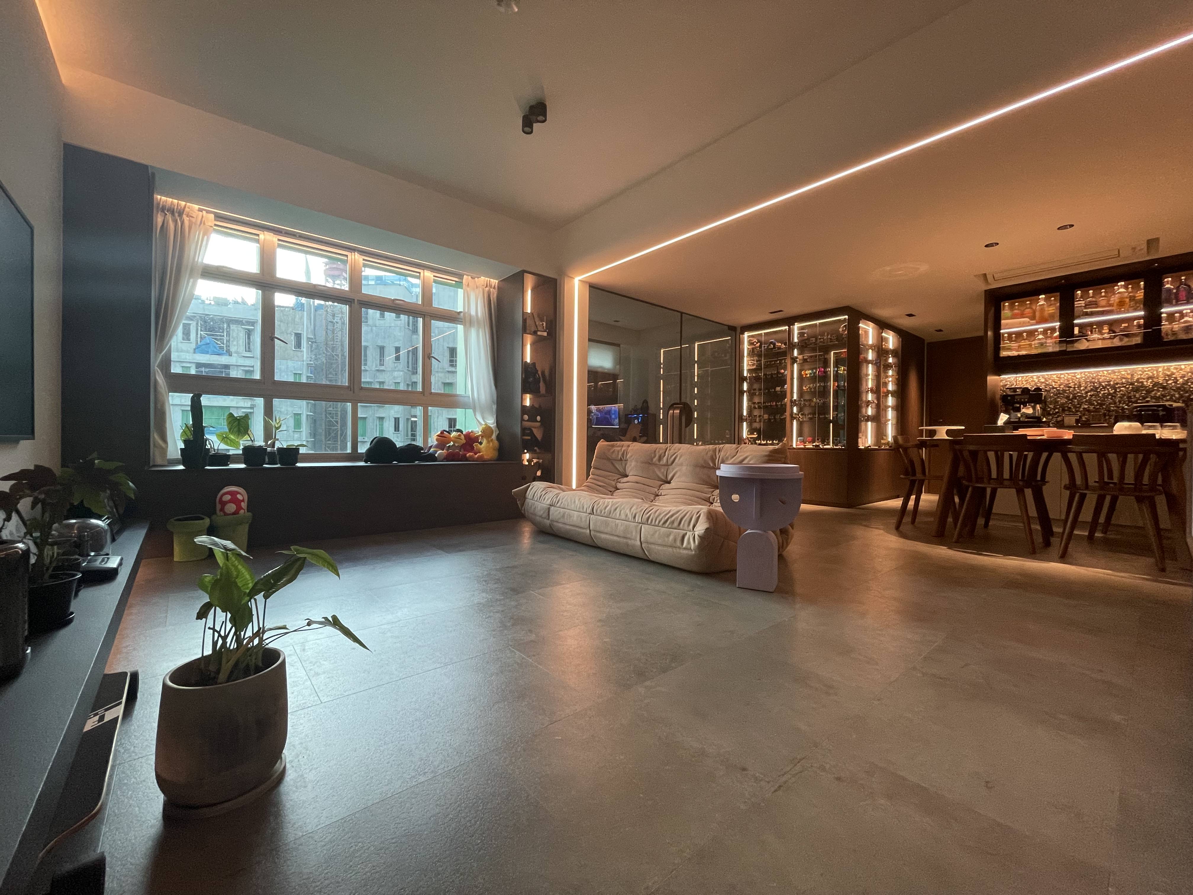 Our floor plan and layout transformation, maximising our living space. - Modern living room with large windows, cozy beige