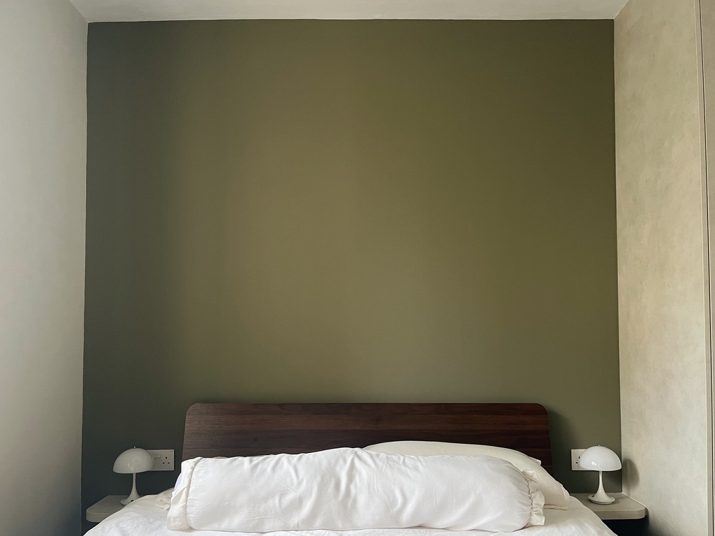 Minimalist Master Bedroom in Green & Grey Hues  - Modern minimalist bedroom, neutral color palette, large bed with wooden