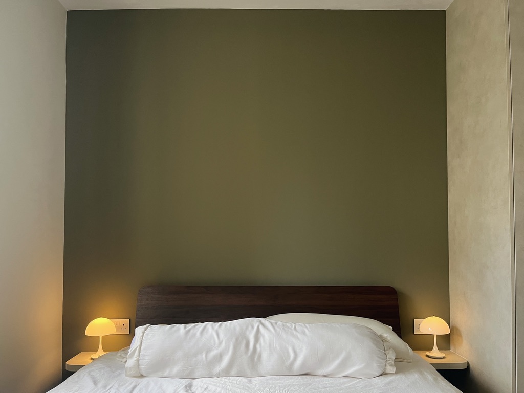 Minimalist Master Bedroom in Green & Grey Hues  - Modern minimalist bedroom, neutral color palette, large bed with white