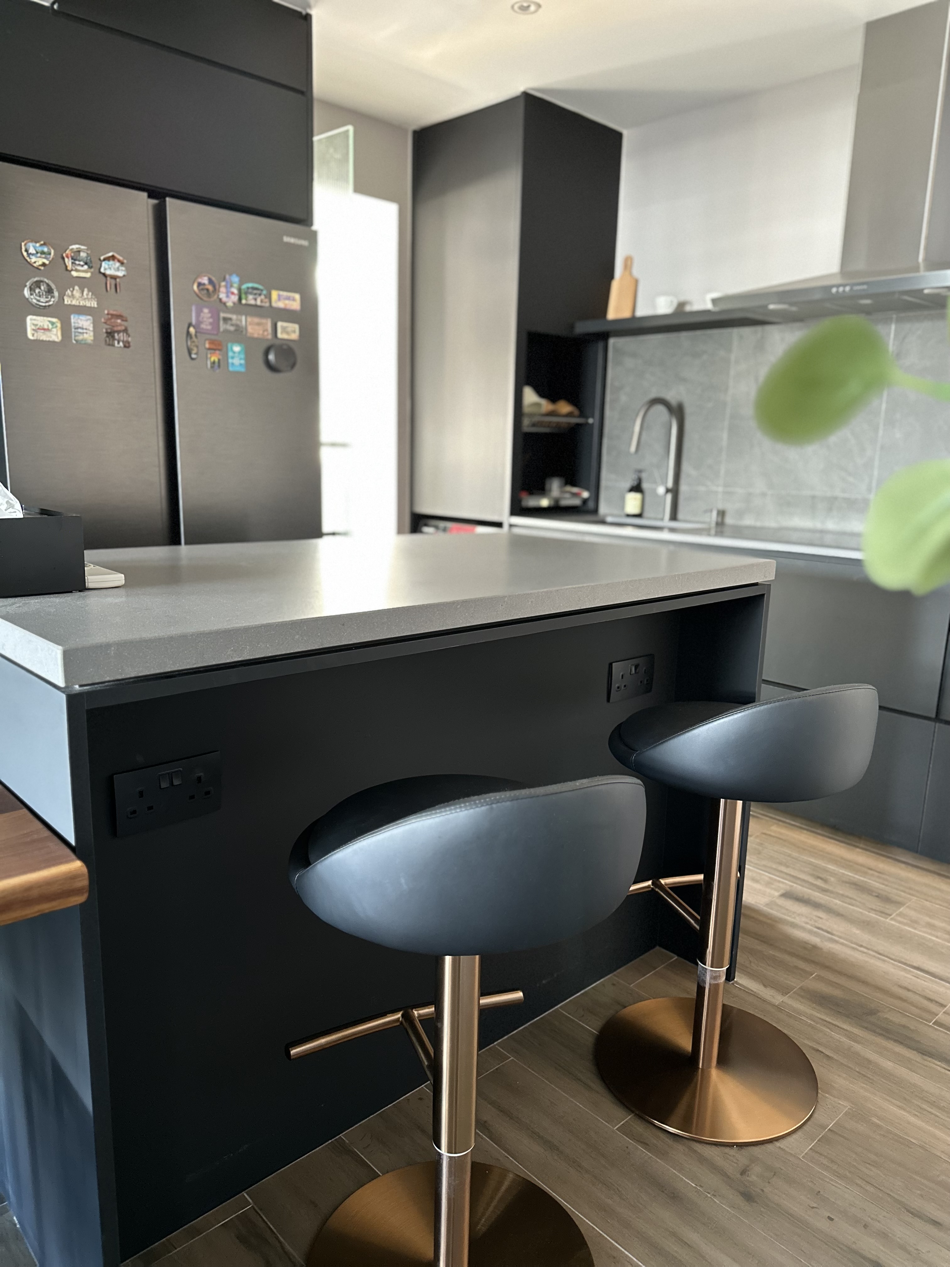 A modern dark themed kitchen  - modern kitchen, contemporary design, stainless steel appliances, black countertops